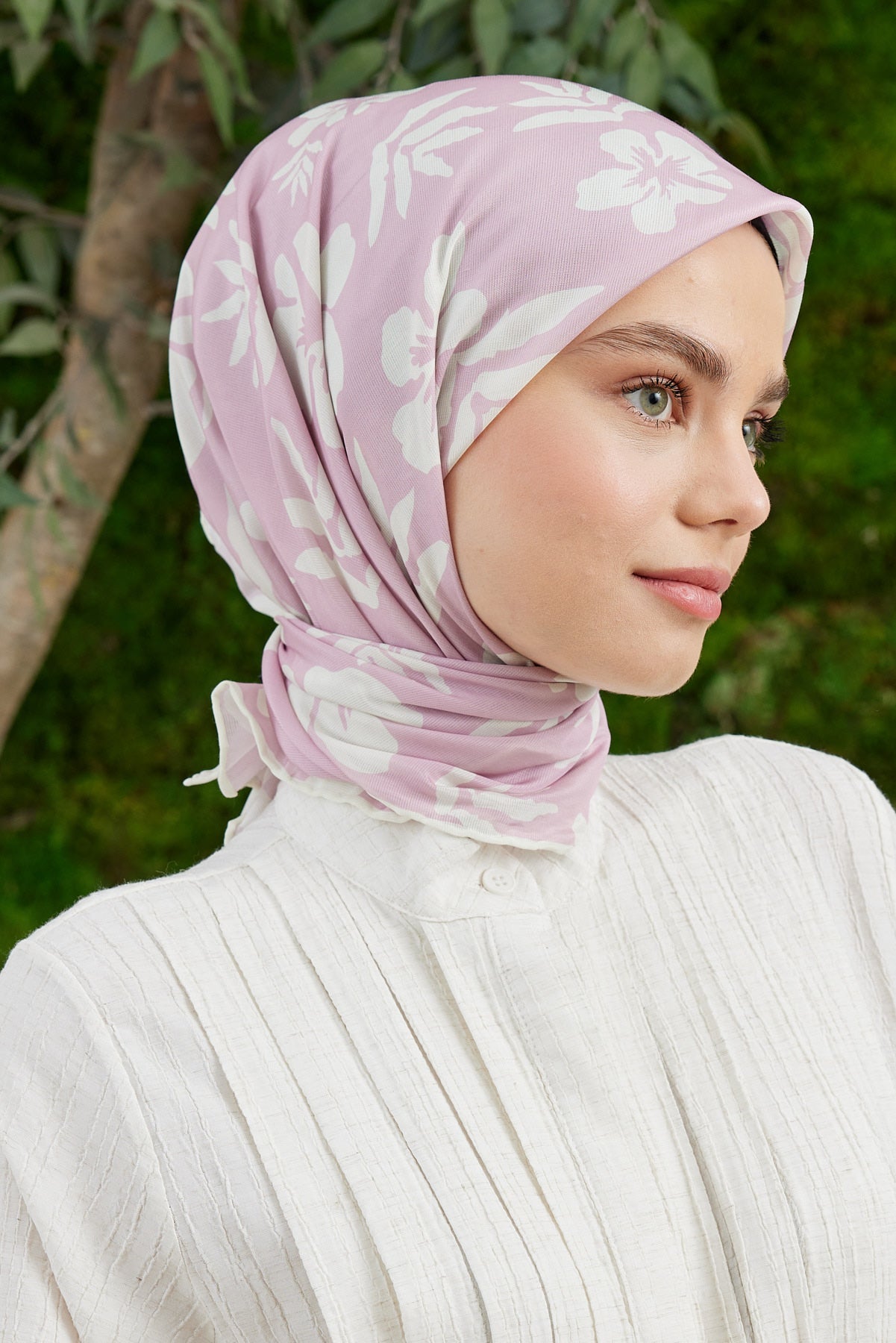 Tesettür Giyim - Pro Line Lavinia Desen Eşarp - Pudra - Beyaz - Emproyal