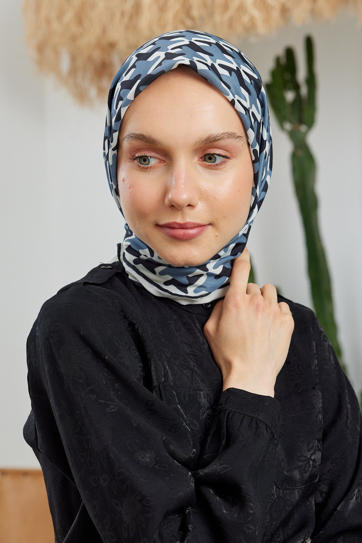 Tesettür Giyim - Pro Line Star Desen Eşarp - Siyah - Gri - Emproyal