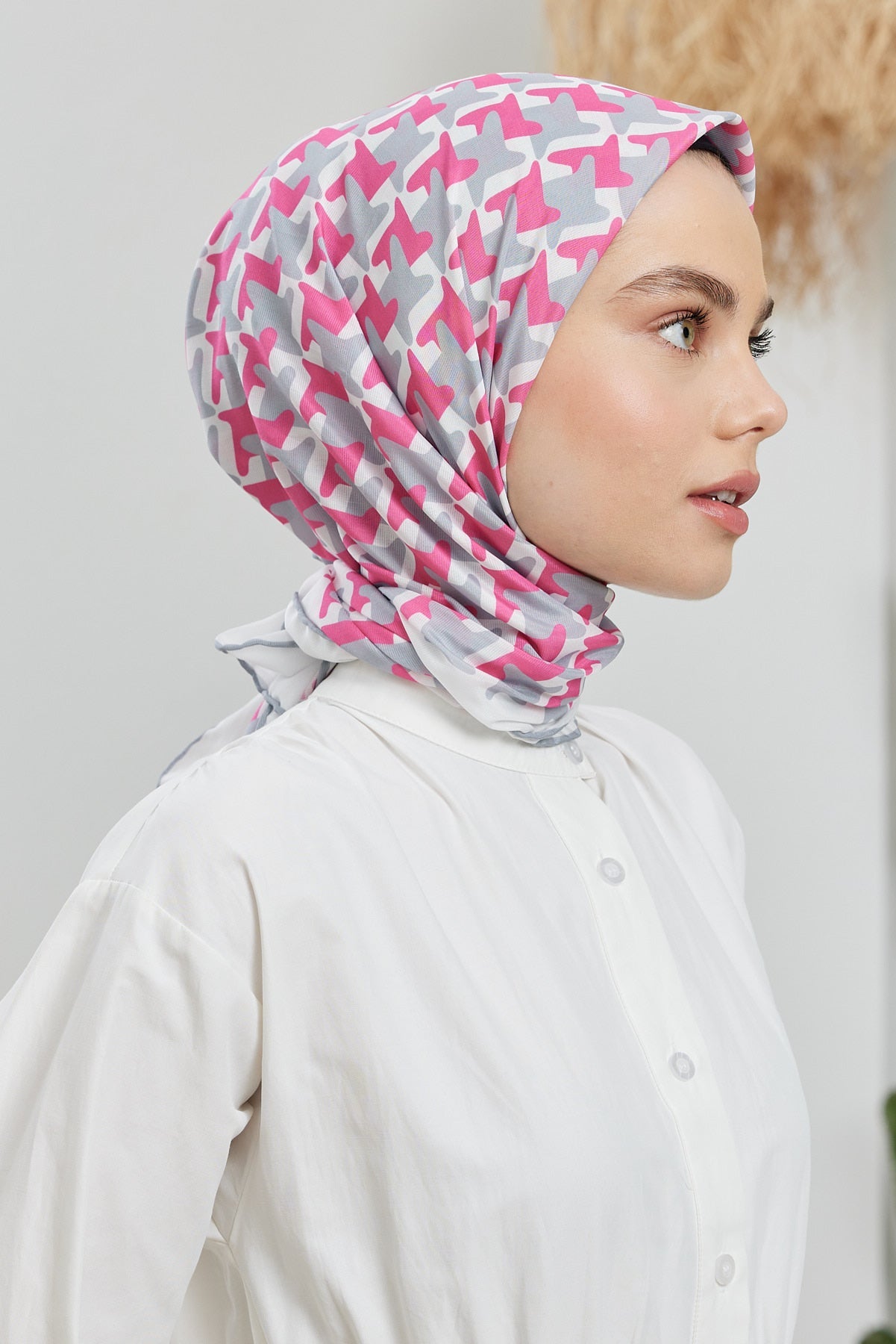 Tesettür Giyim - Pro Line Star Desen Eşarp - Pembe - Gri - Emproyal