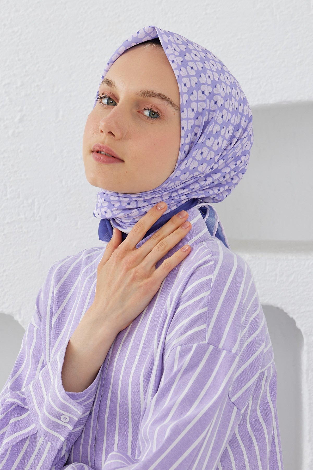 Tesettür Giyim - Pro Line Yonca Desen Eşarp - Leylak - Emproyal