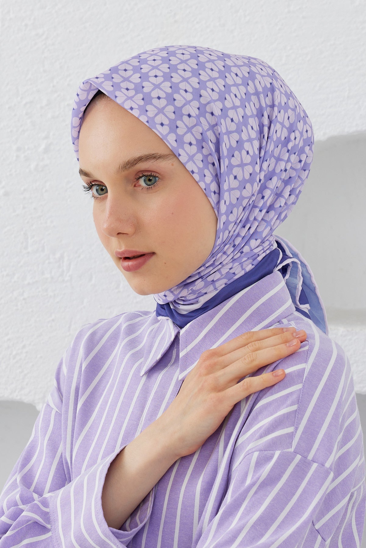 Tesettür Giyim - Pro Line Yonca Desen Eşarp - Leylak - Emproyal