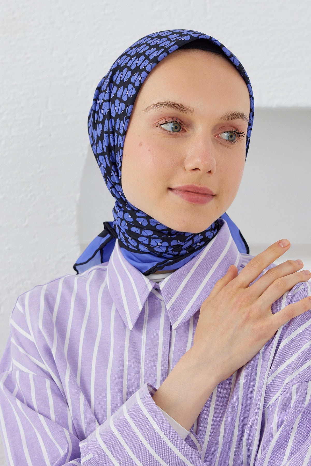 Tesettür Giyim - Pro Line Yonca Desen Eşarp - Mor - Siyah - Emproyal