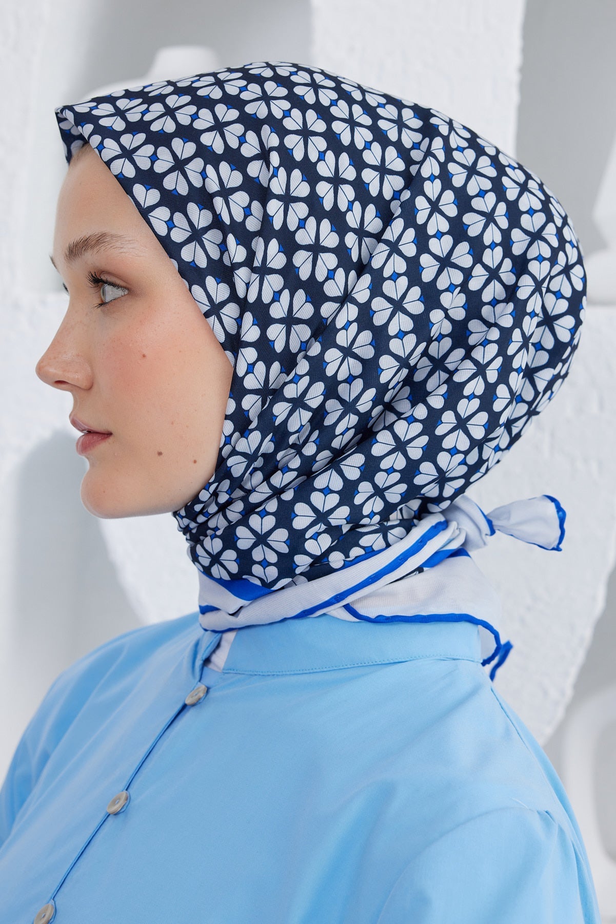 Tesettür Giyim - Pro Line Yonca Desen Eşarp - Lacivert - Mavi - Emproyal