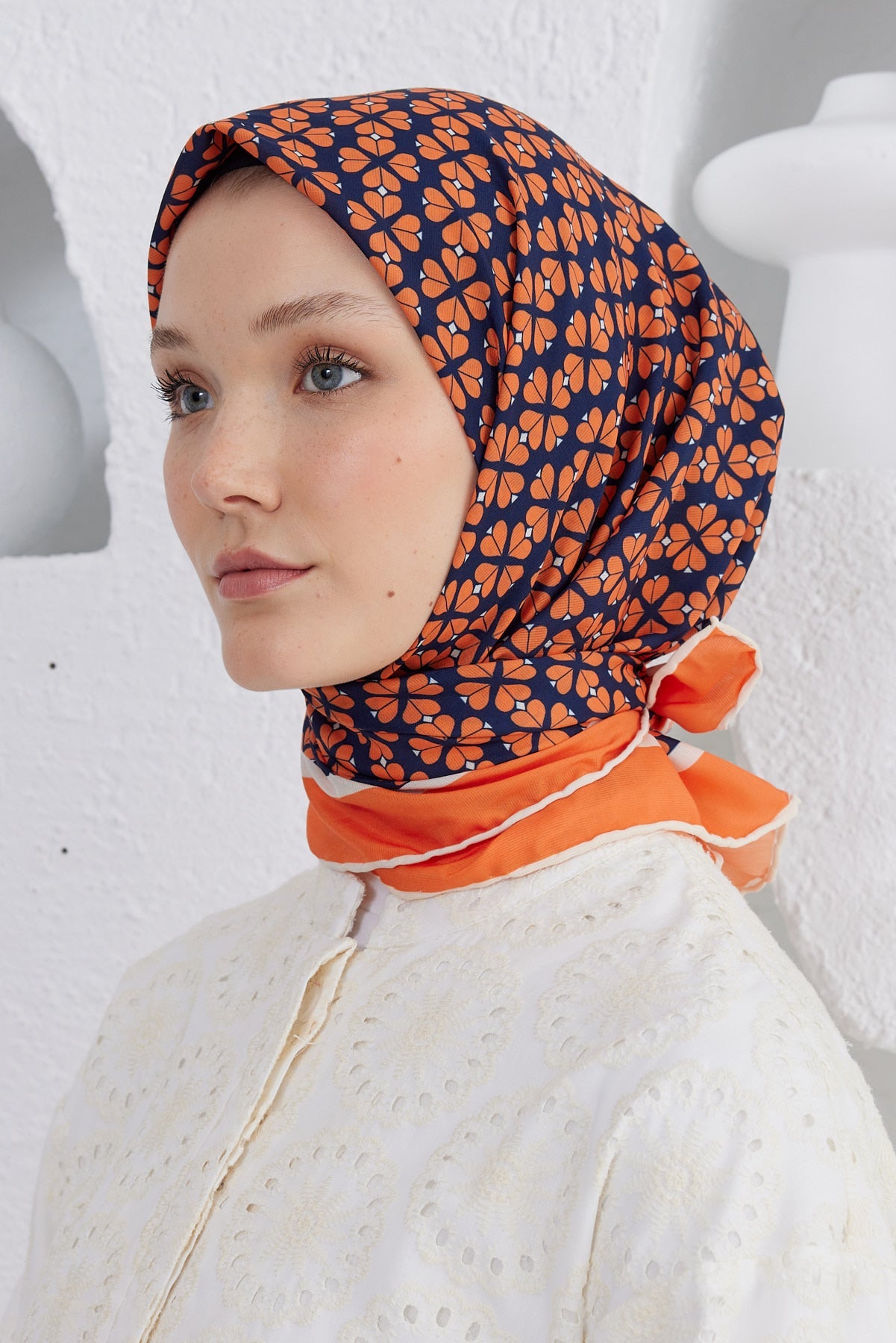 Tesettür Giyim - Pro Line Yonca Desen Eşarp - Lacivert - Oranj - Emproyal