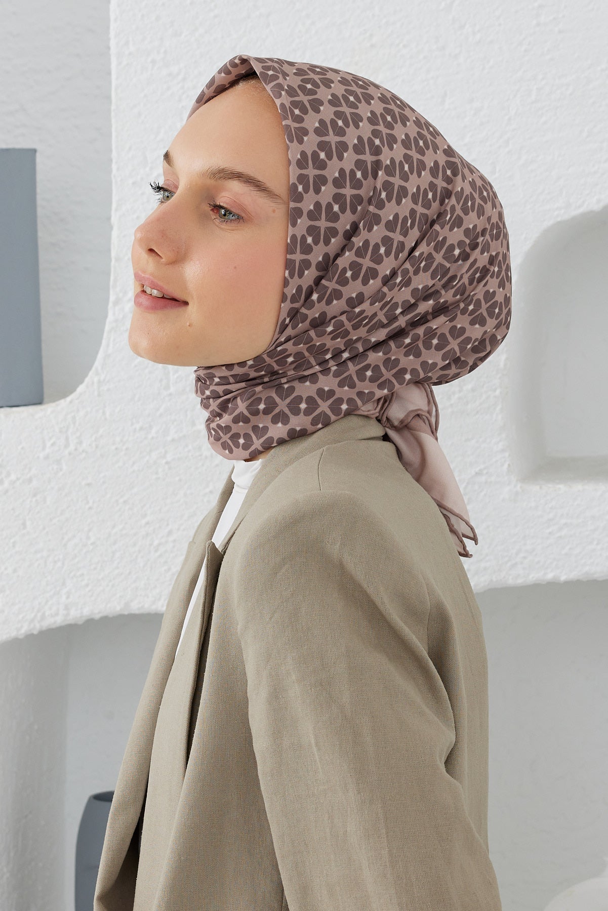 Tesettür Giyim - Pro Line Yonca Desen Eşarp - Camel - Krem - Emproyal