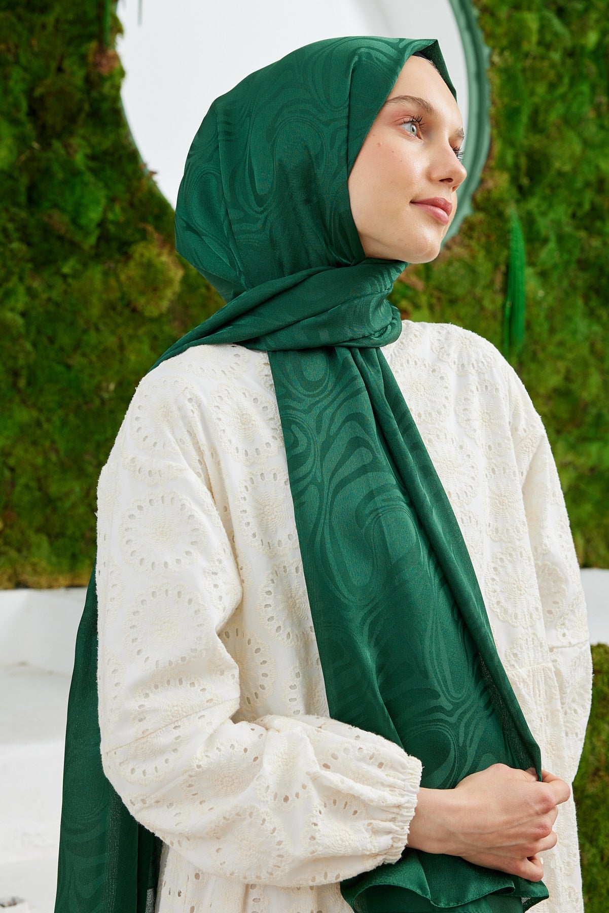 Tesettür Giyim - Jakar Janjan Dalga Desen Şal - Zümrüt - Emproyal