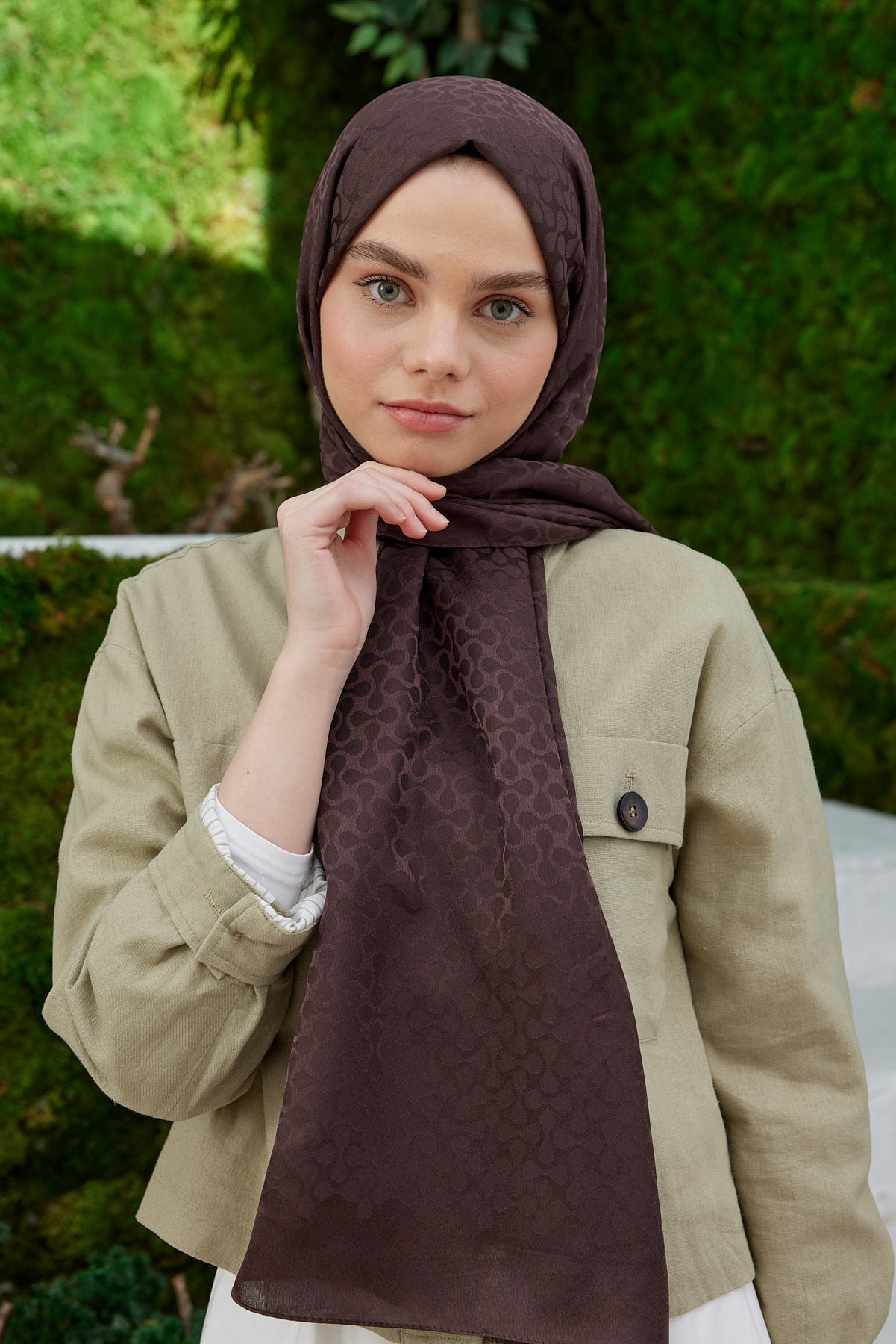 Tesettür Giyim - Jakar Janjan Koza Desen Şal - Acı Kahve - Emproyal