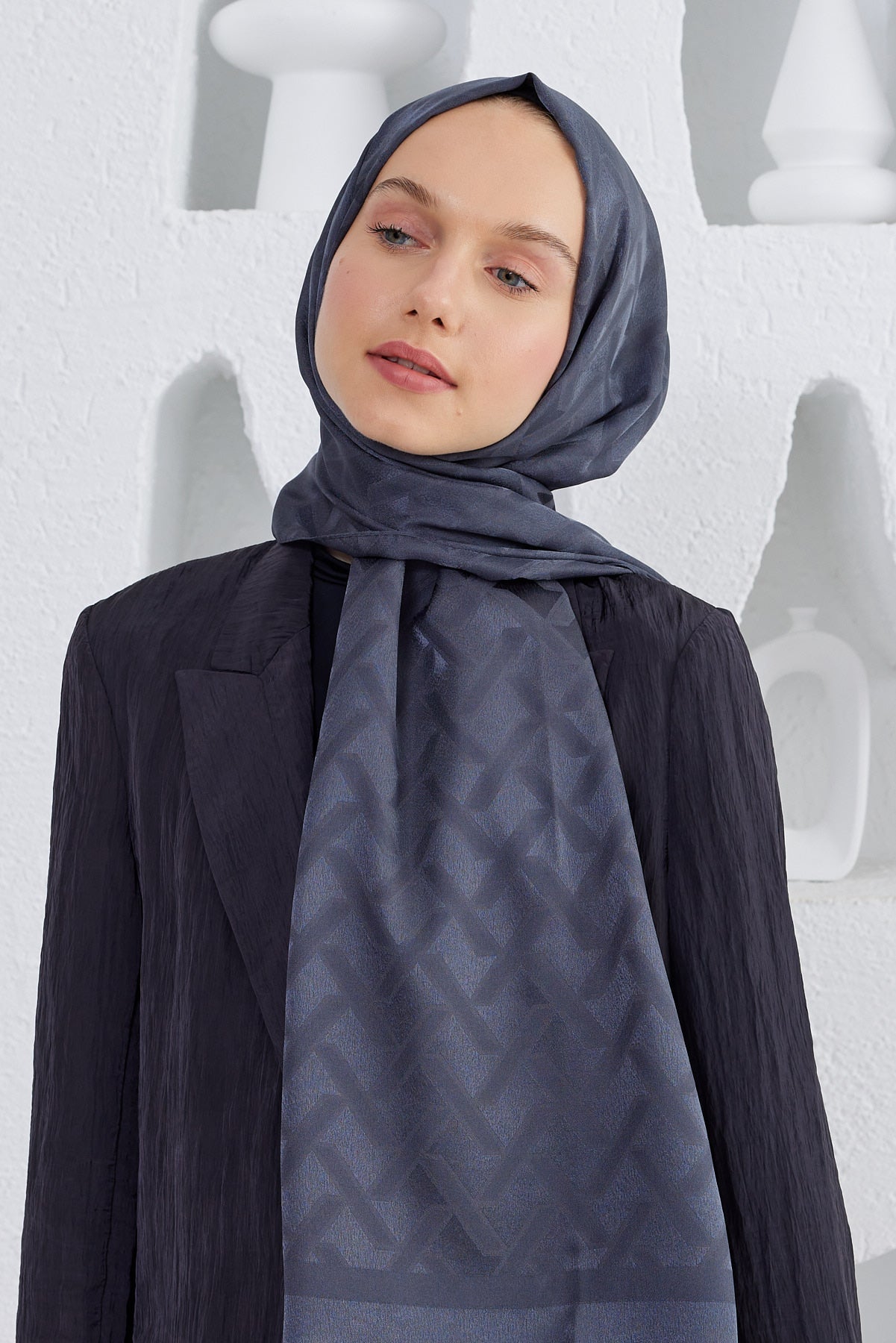Tesettür Giyim - Jakar Janjan Line Desen Şal - Antrasit - Emproyal