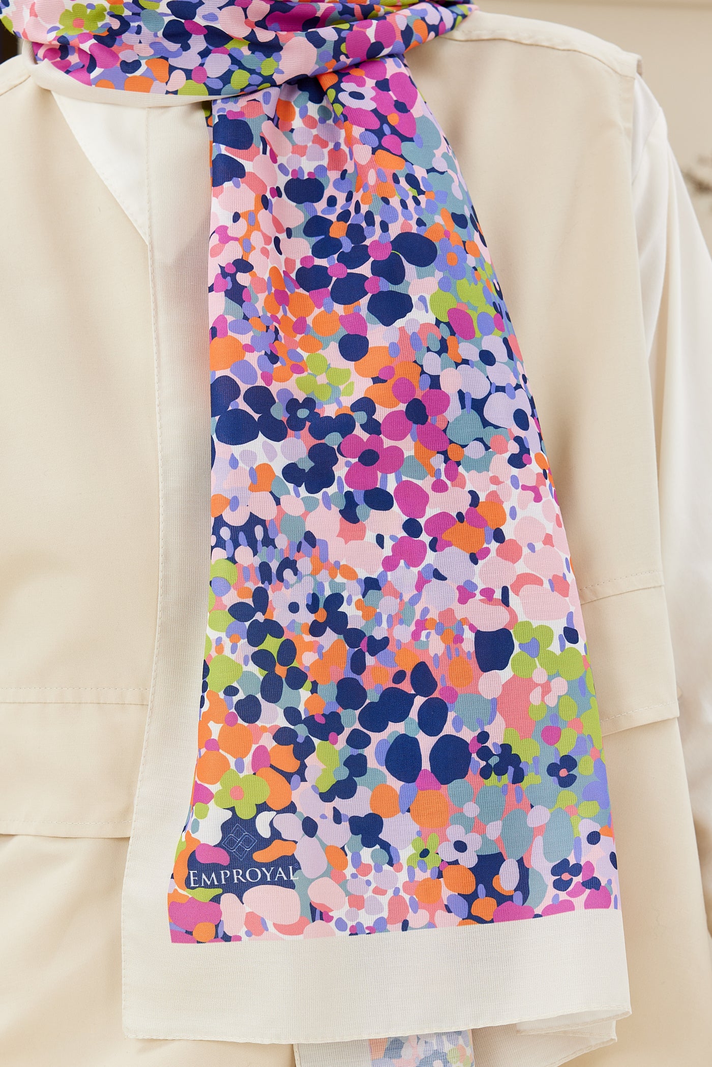 Tesettür Giyim - Pro Line Lavin Desen Şal - Bej - Nar Çiçeği - Emproyal