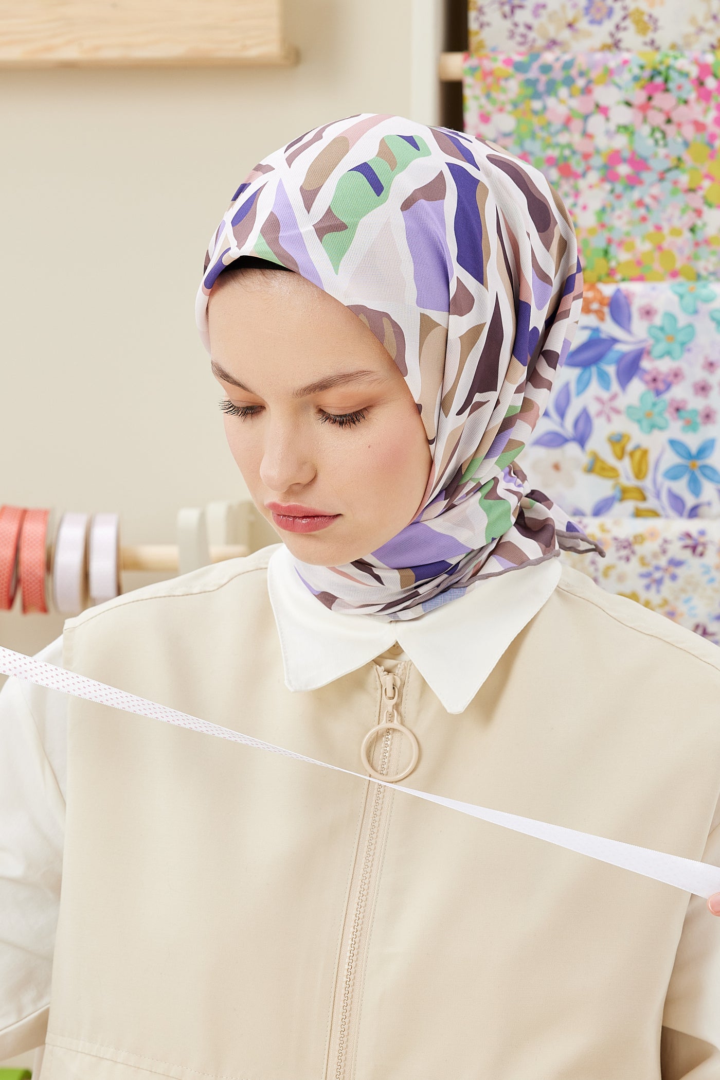 Tesettür Giyim - Pro Line Chloe Desen Eşarp - Krem - Vizon - Emproyal