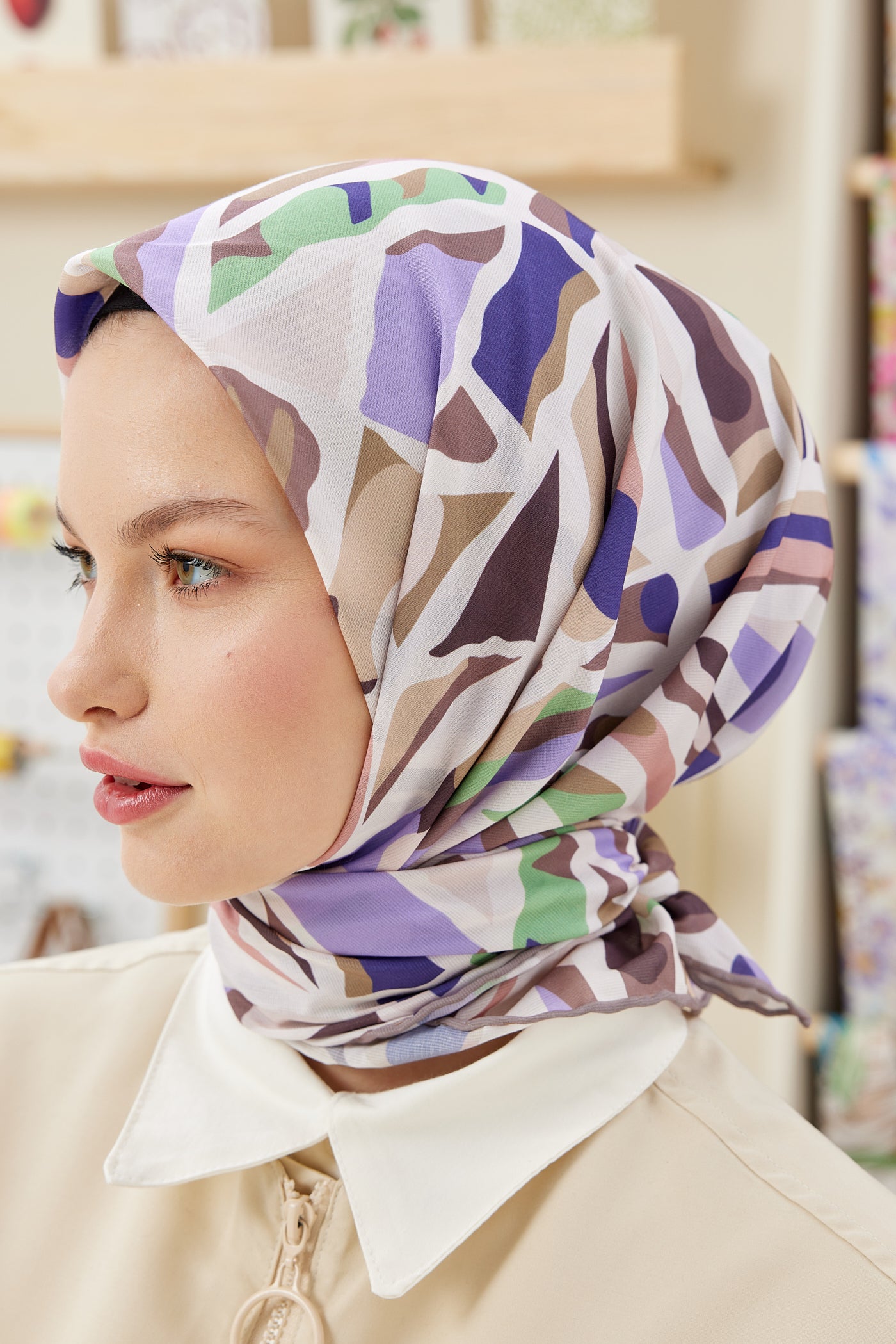 Tesettür Giyim - Pro Line Chloe Desen Eşarp - Krem - Vizon - Emproyal