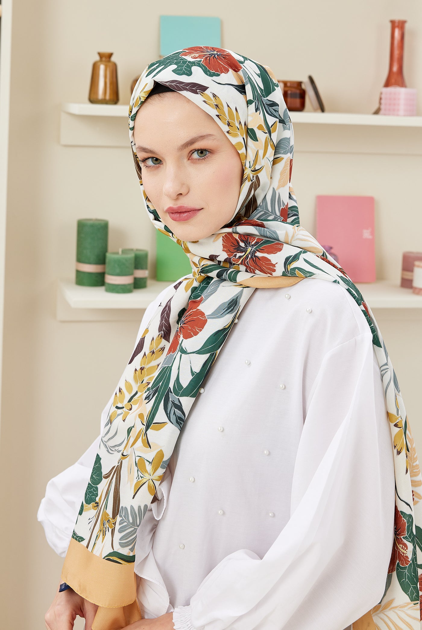 Tesettür Giyim - Pro Line Viola Desen Şal - Hardal - Emproyal