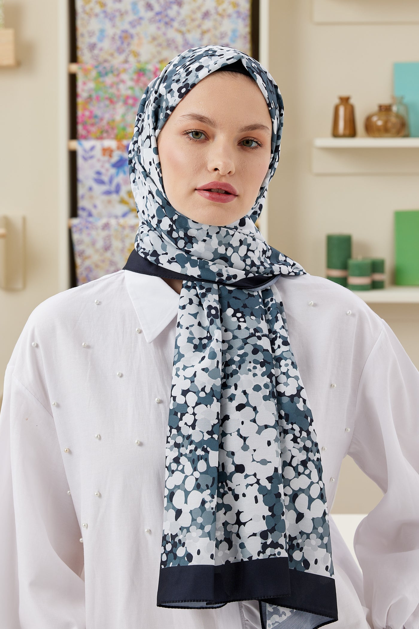 Tesettür Giyim - Pro Line Lavin Desen Şal - Siyah - Füme - Emproyal