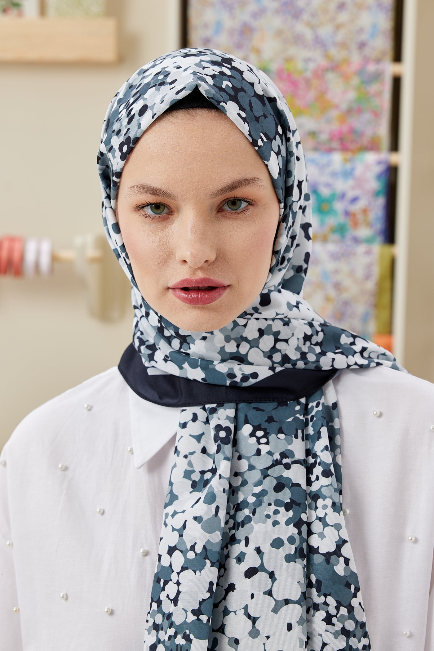 Tesettür Giyim - Pro Line Lavin Desen Şal - Siyah - Füme - Emproyal