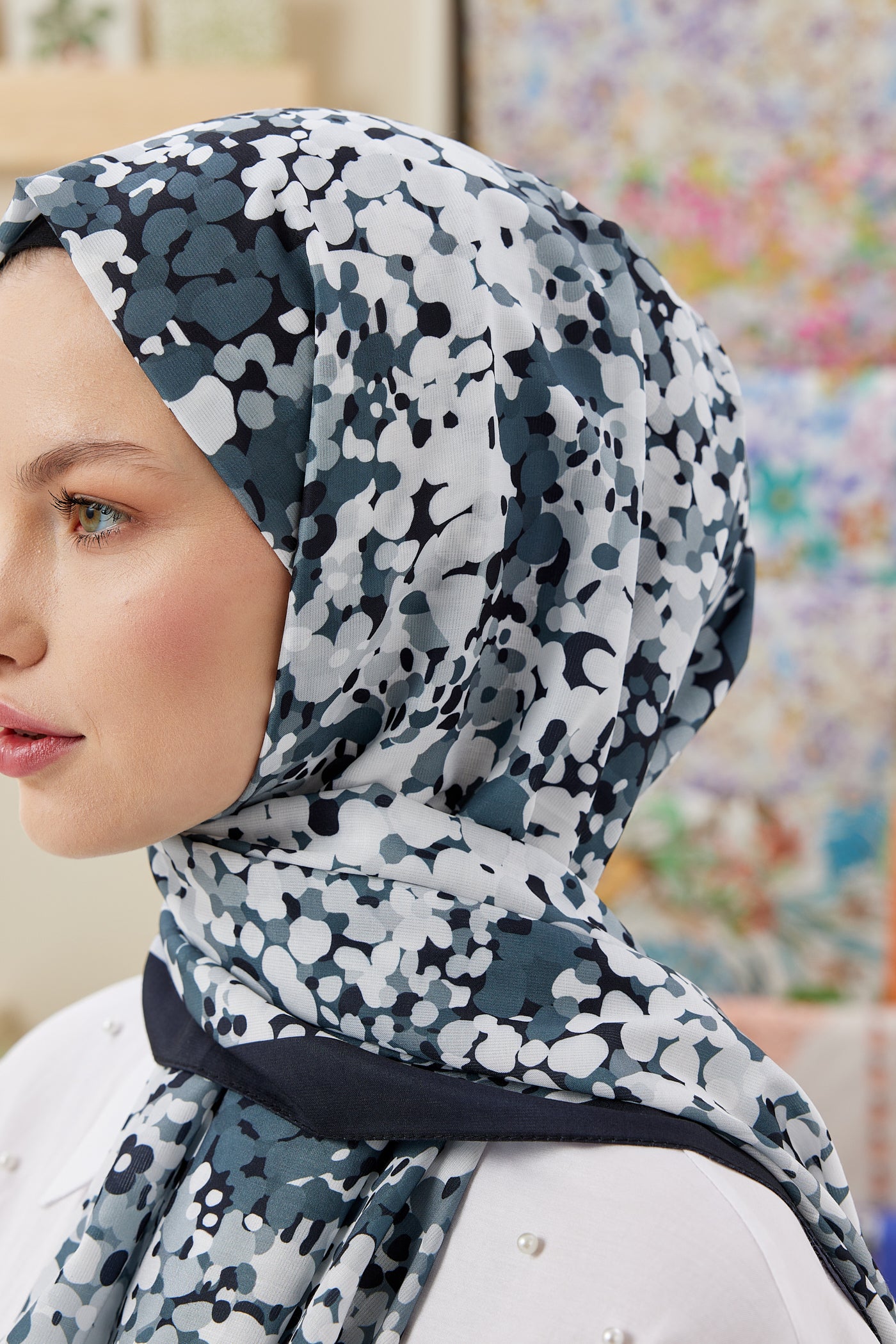 Tesettür Giyim - Pro Line Lavin Desen Şal - Siyah - Füme - Emproyal