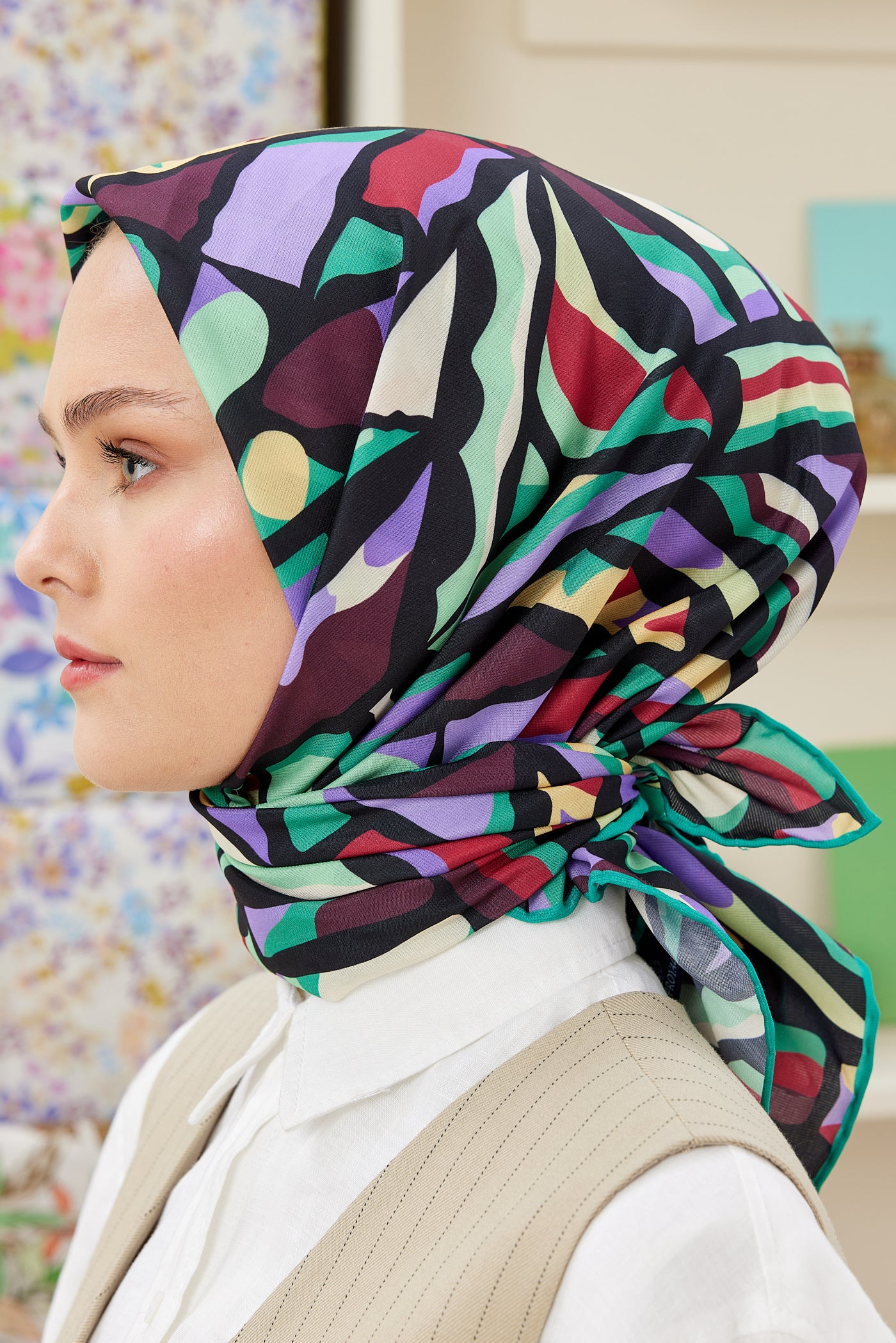 Tesettür Giyim - Pro Line Chloe Desen Eşarp - Siyah - Yeşil - Emproyal