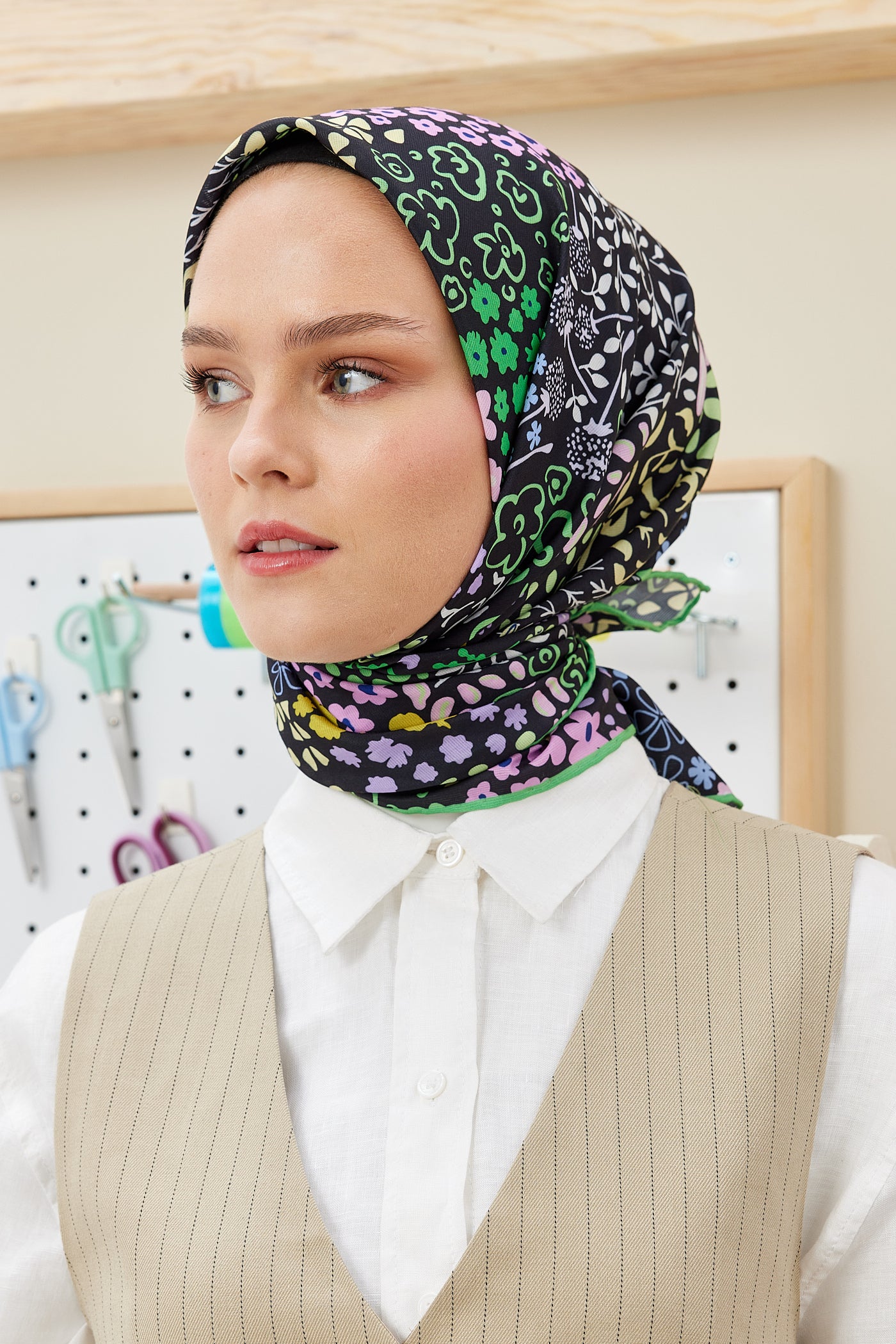 Tesettür Giyim - Pro Line Lina Desen Eşarp - Yeşil - Emproyal