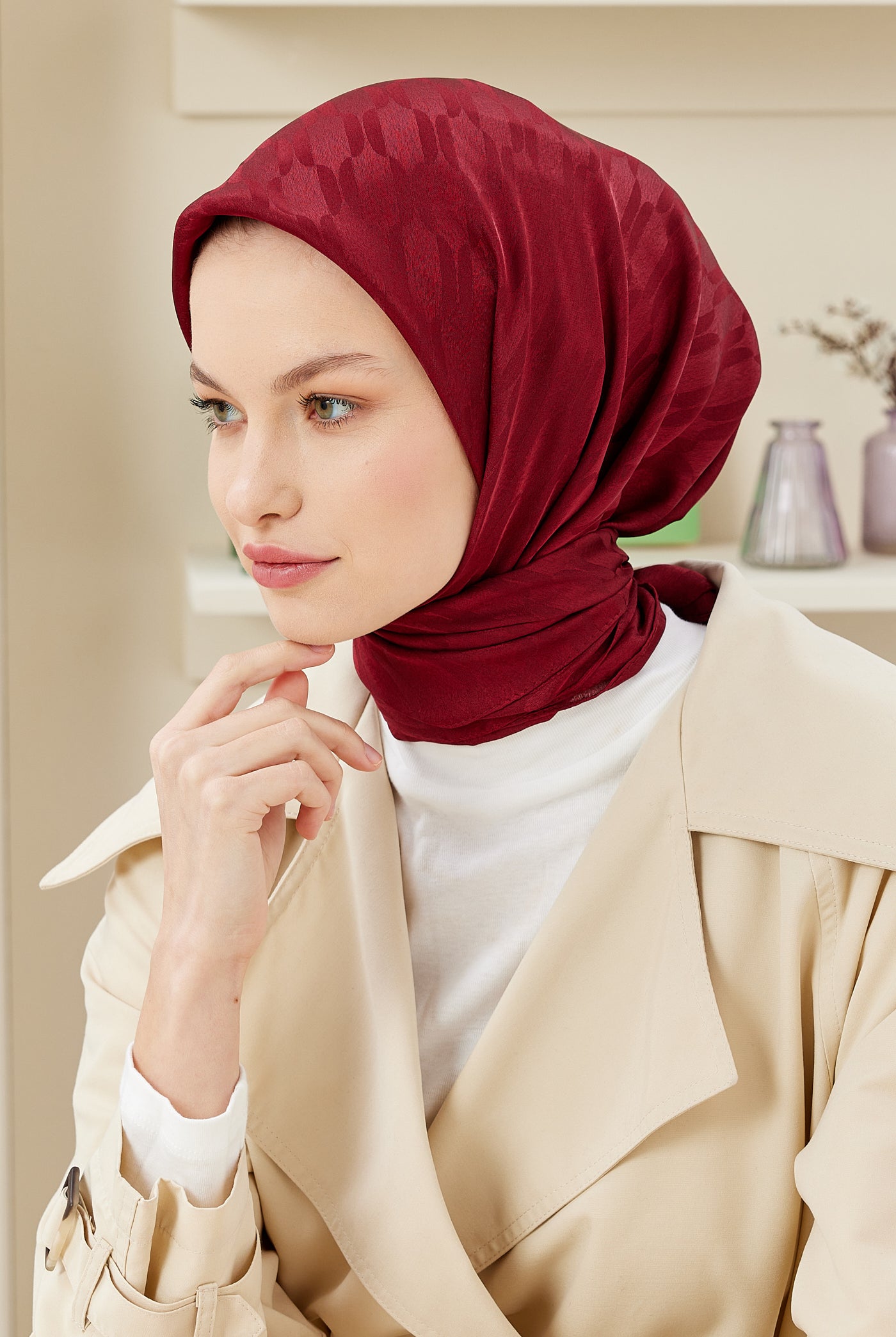 Tesettür Giyim - Jakar Janjan Zincir Desen Eşarp - Bordo - Emproyal