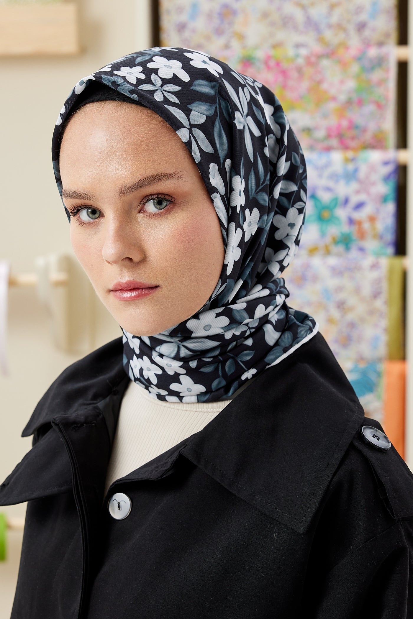 Tesettür Giyim - Pro Line Florie Desen Eşarp - Siyah - Beyaz - Emproyal