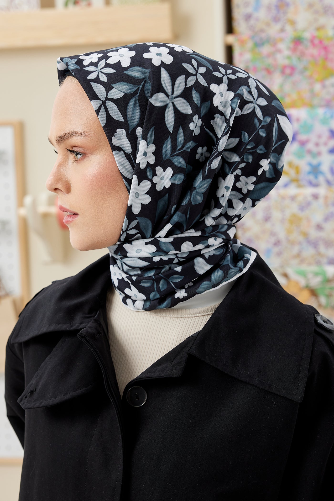 Tesettür Giyim - Pro Line Florie Desen Eşarp - Siyah - Beyaz - Emproyal