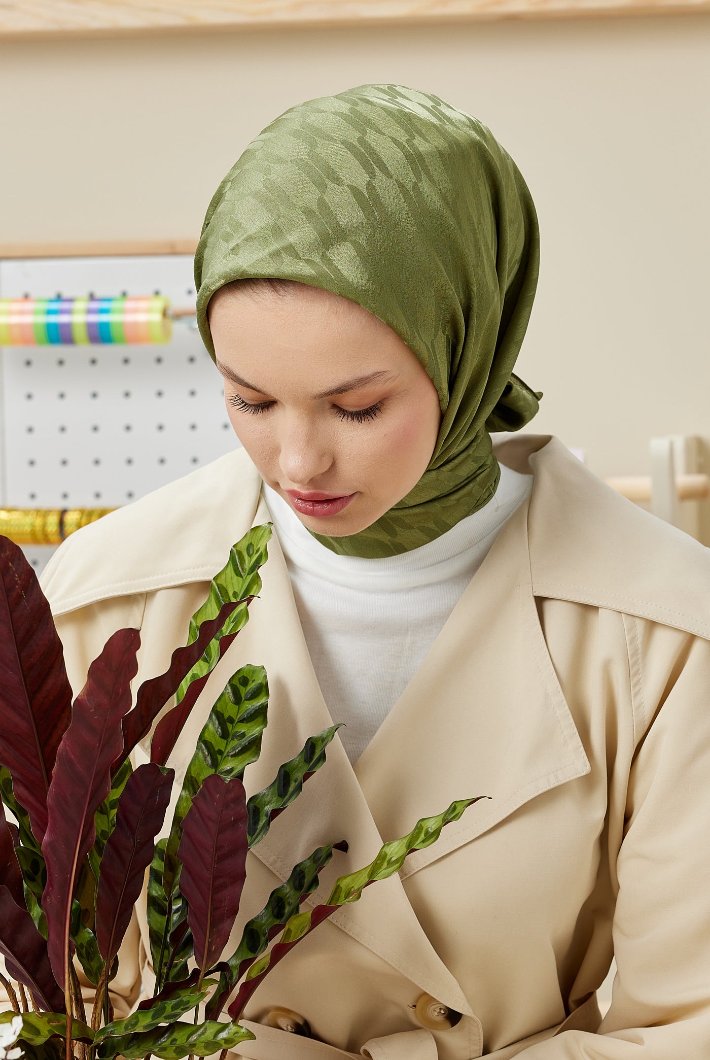 Tesettür Giyim - Jakar Janjan Zincir Desen Eşarp - Haki - Emproyal