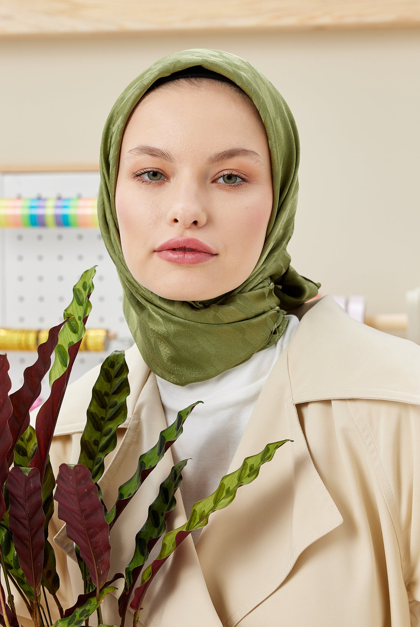 Tesettür Giyim - Jakar Janjan Zincir Desen Eşarp - Haki - Emproyal