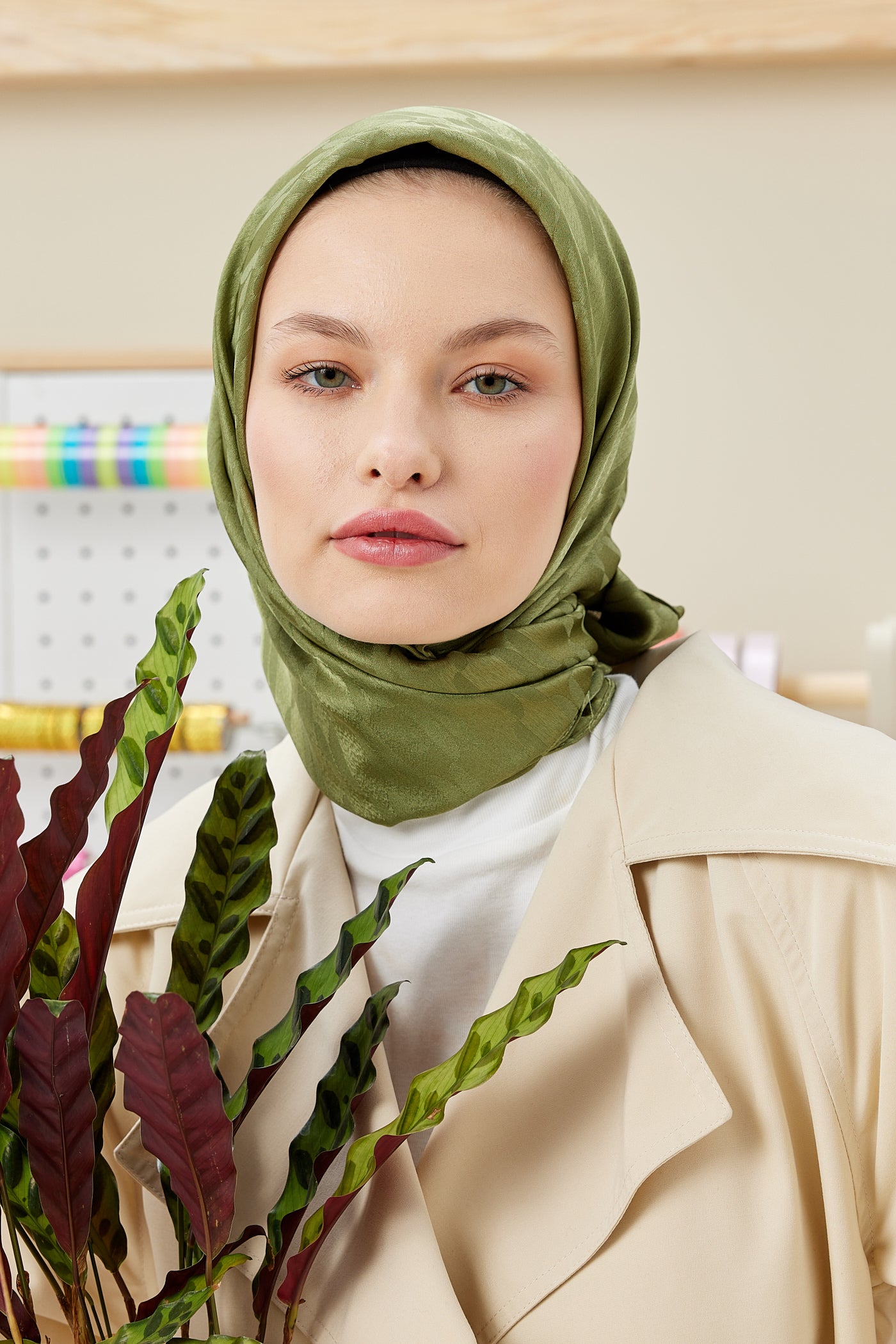 Tesettür Giyim - Jakar Janjan Zincir Desen Eşarp - Haki - Emproyal