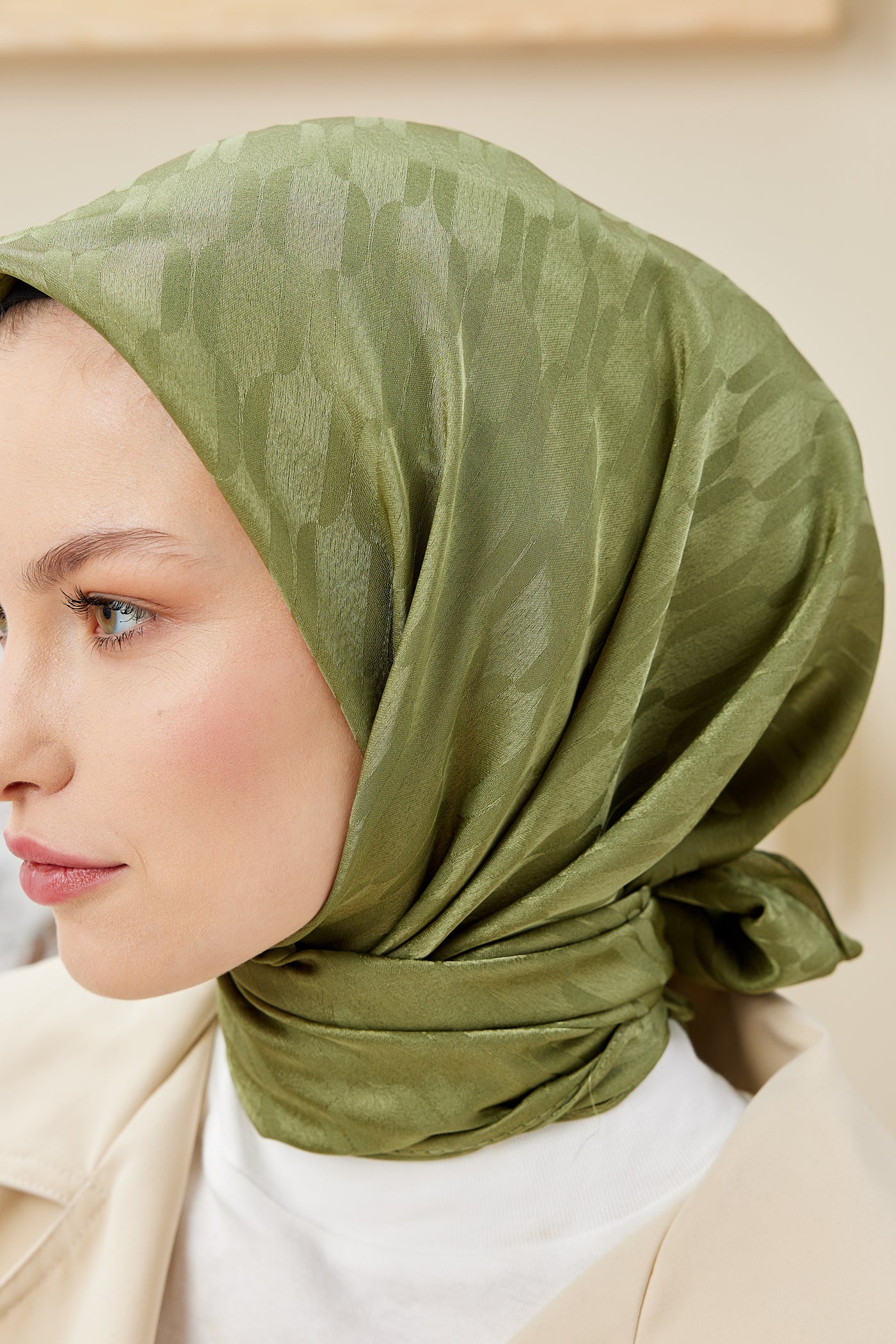 Tesettür Giyim - Jakar Janjan Zincir Desen Eşarp - Haki - Emproyal