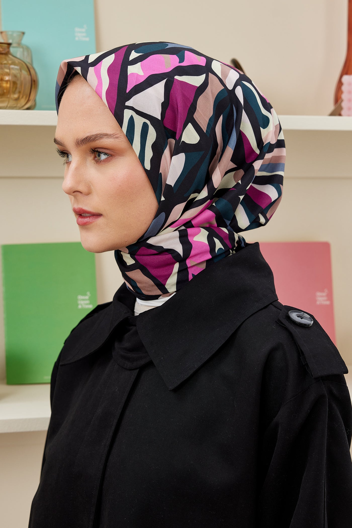 Tesettür Giyim - Pro Line Chloe Desen Eşarp - Siyah - Füme - Emproyal