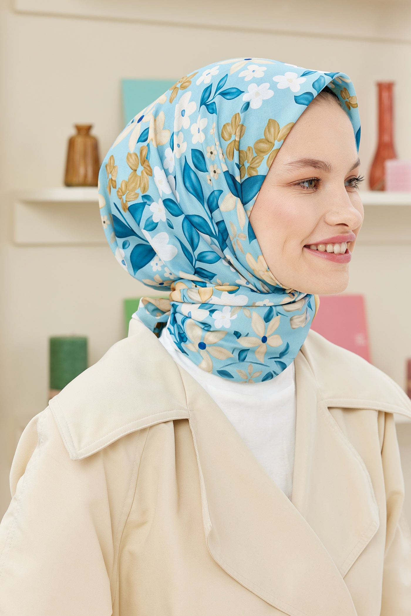 Tesettür Giyim - Pro Line Florie Desen Eşarp - Turkuaz - Beyaz - Emproyal