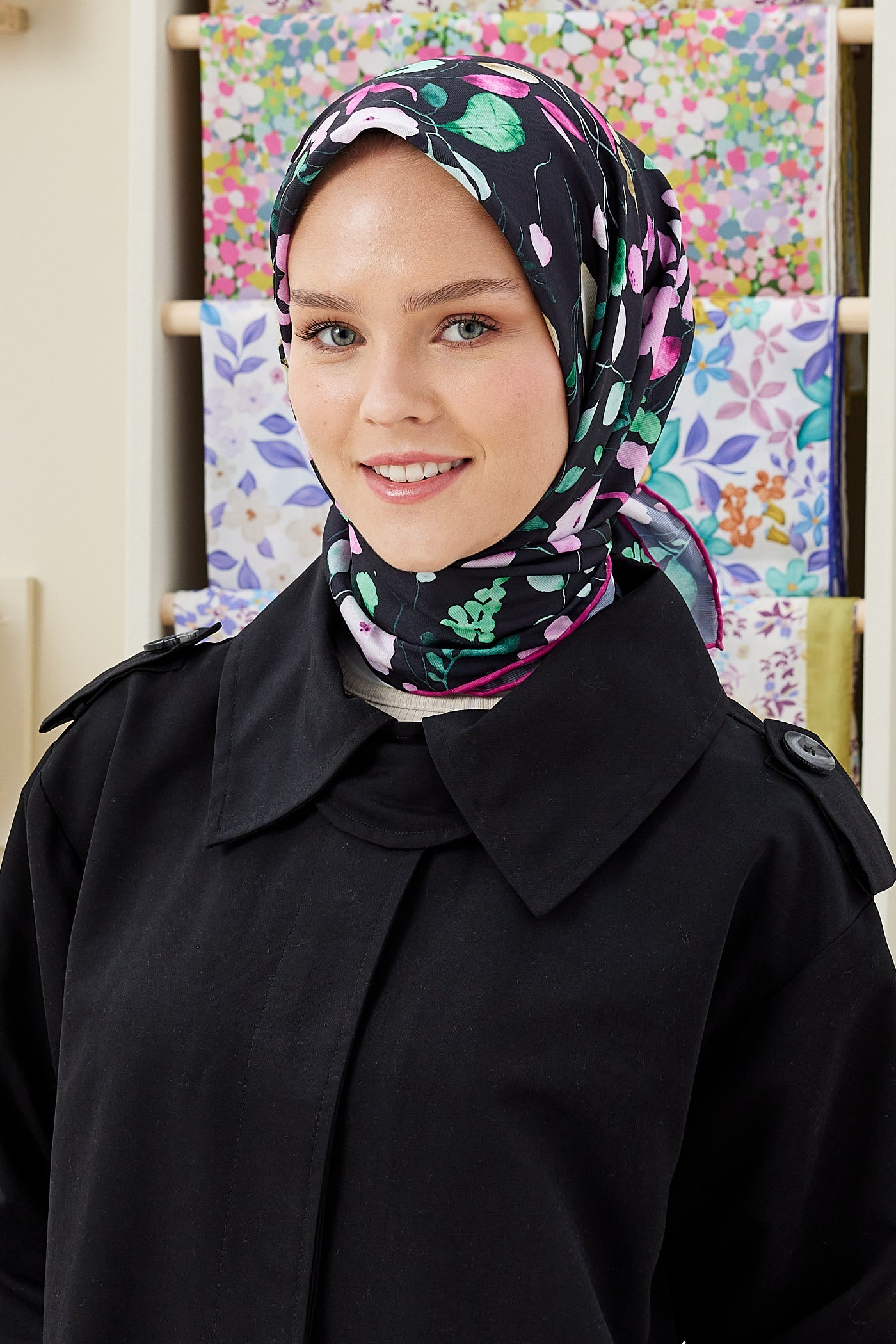 Tesettür Giyim - Pro Line Mimosa Desen Eşarp - Pembe - Siyah - Emproyal