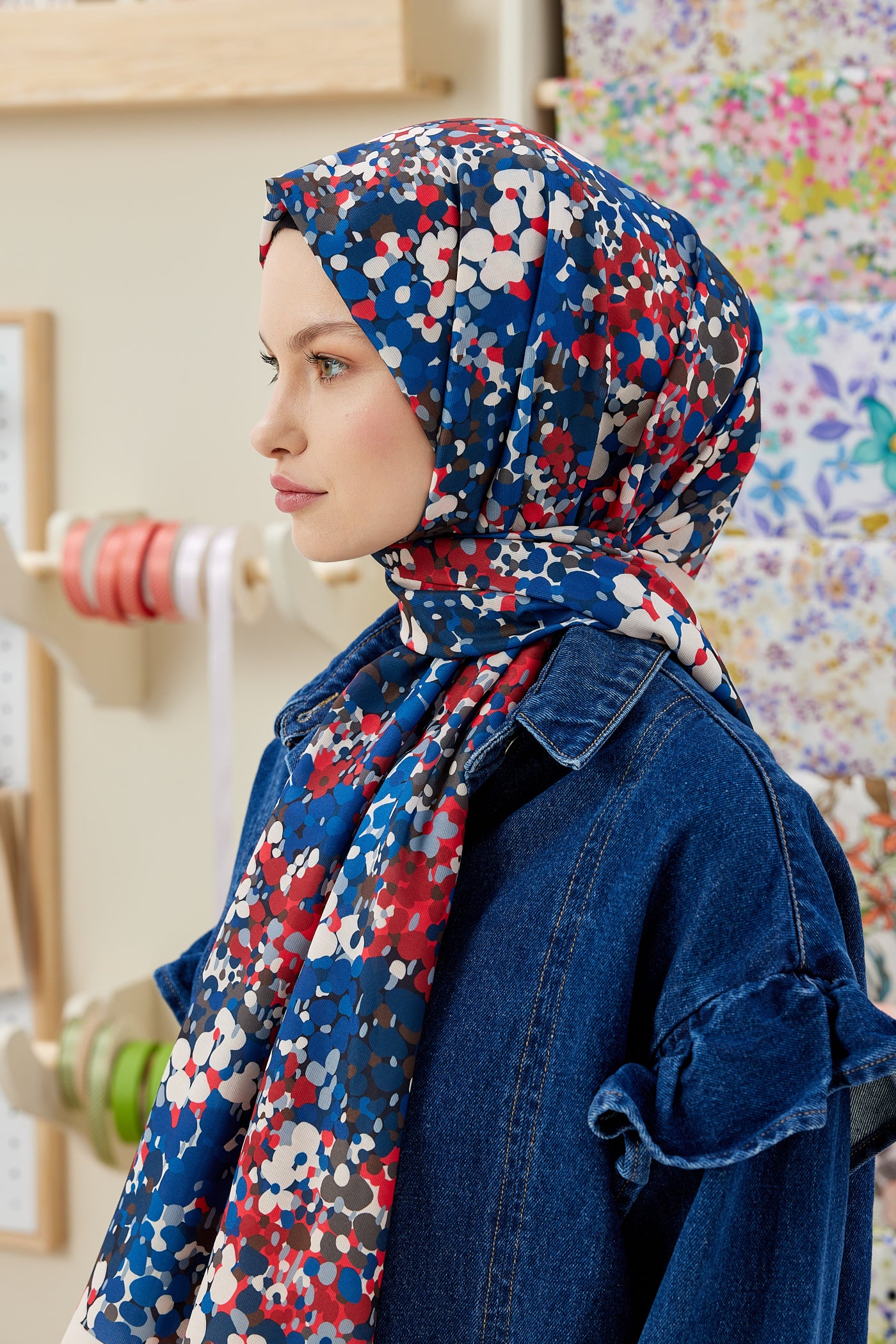 Tesettür Giyim - Pro Line Lavin Desen Şal - Kırmızı - Lacivert - Emproyal