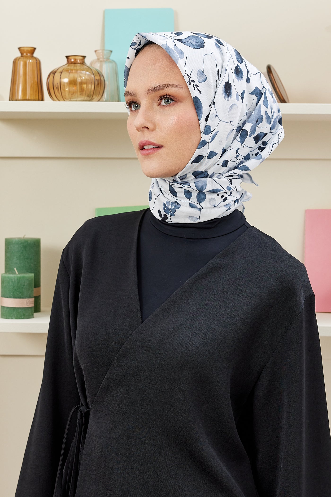 Tesettür Giyim - Pro Line Mimosa Desen Eşarp - Beyaz - Gri - Emproyal