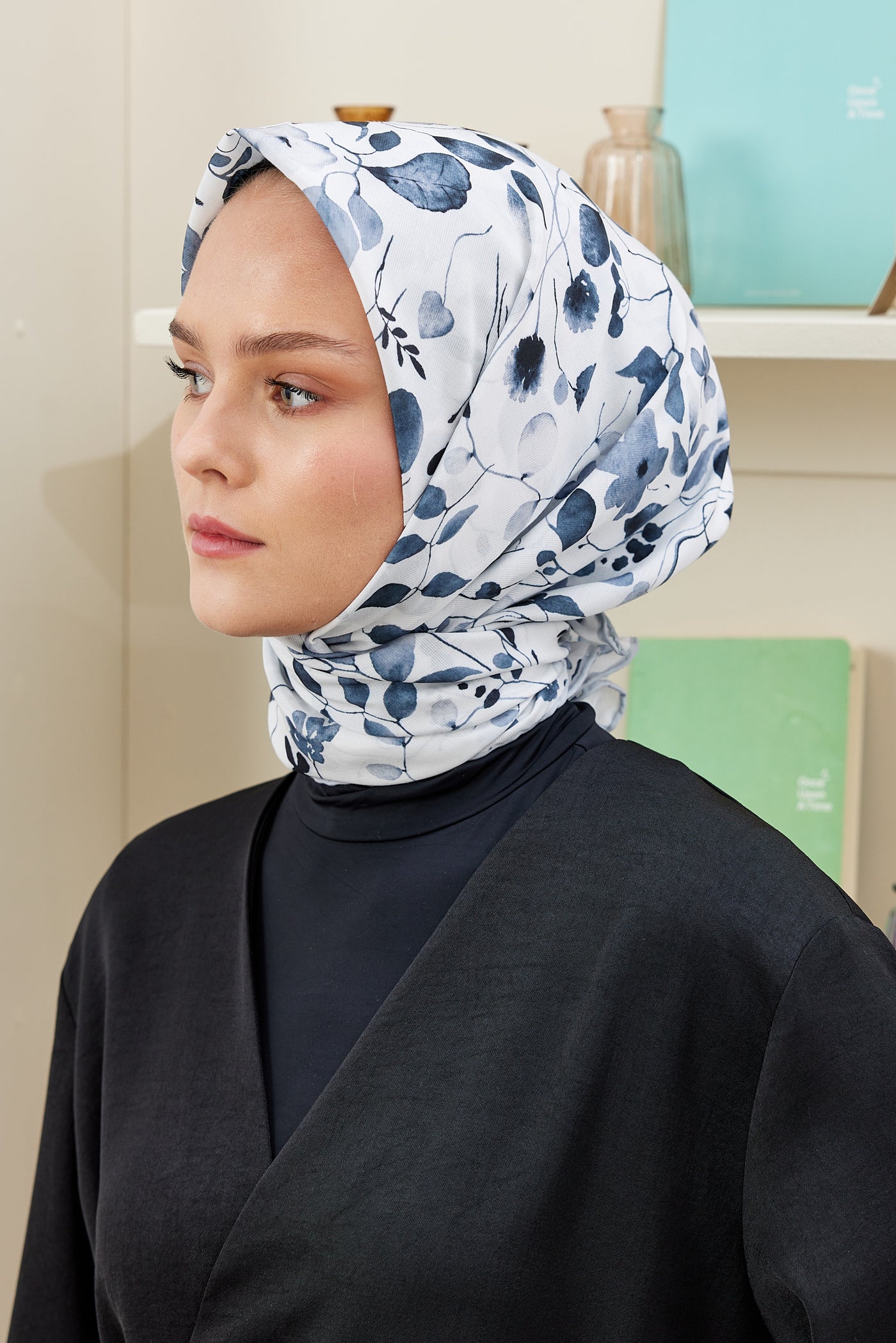 Tesettür Giyim - Pro Line Mimosa Desen Eşarp - Beyaz - Gri - Emproyal