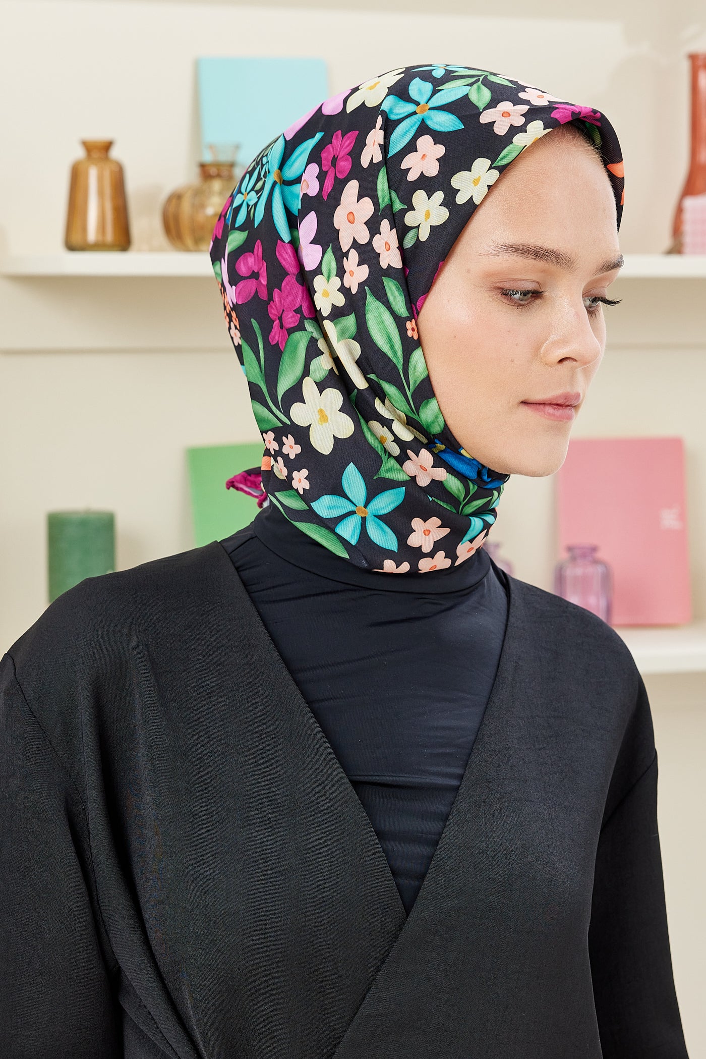 Tesettür Giyim - Pro Line Florie Desen Eşarp - Siyah - Fuşya - Emproyal