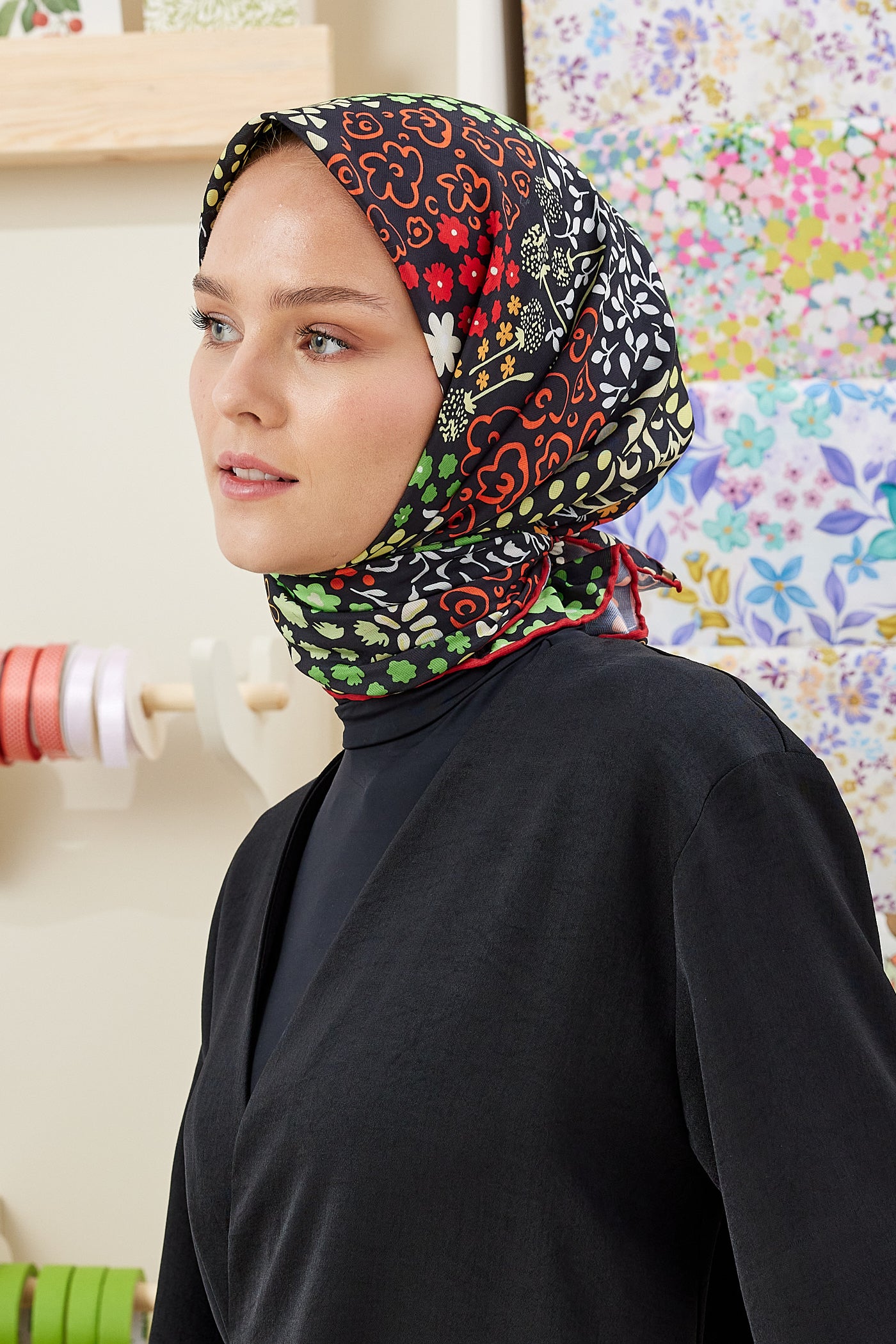 Tesettür Giyim - Pro Line Lina Desen Eşarp - Kırmızı - Emproyal