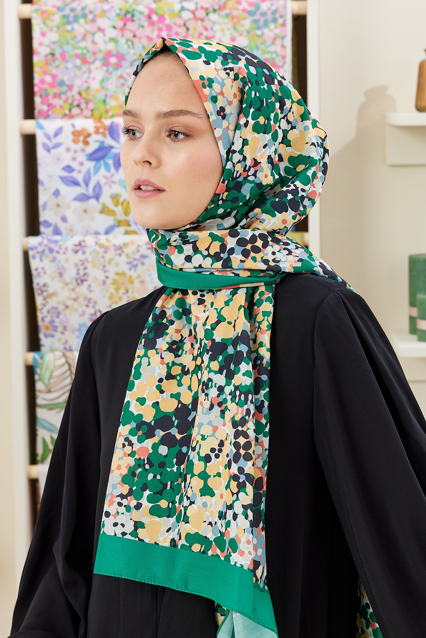 Tesettür Giyim - Pro Line Lavin Desen Şal - Yeşil - Sarı - Emproyal
