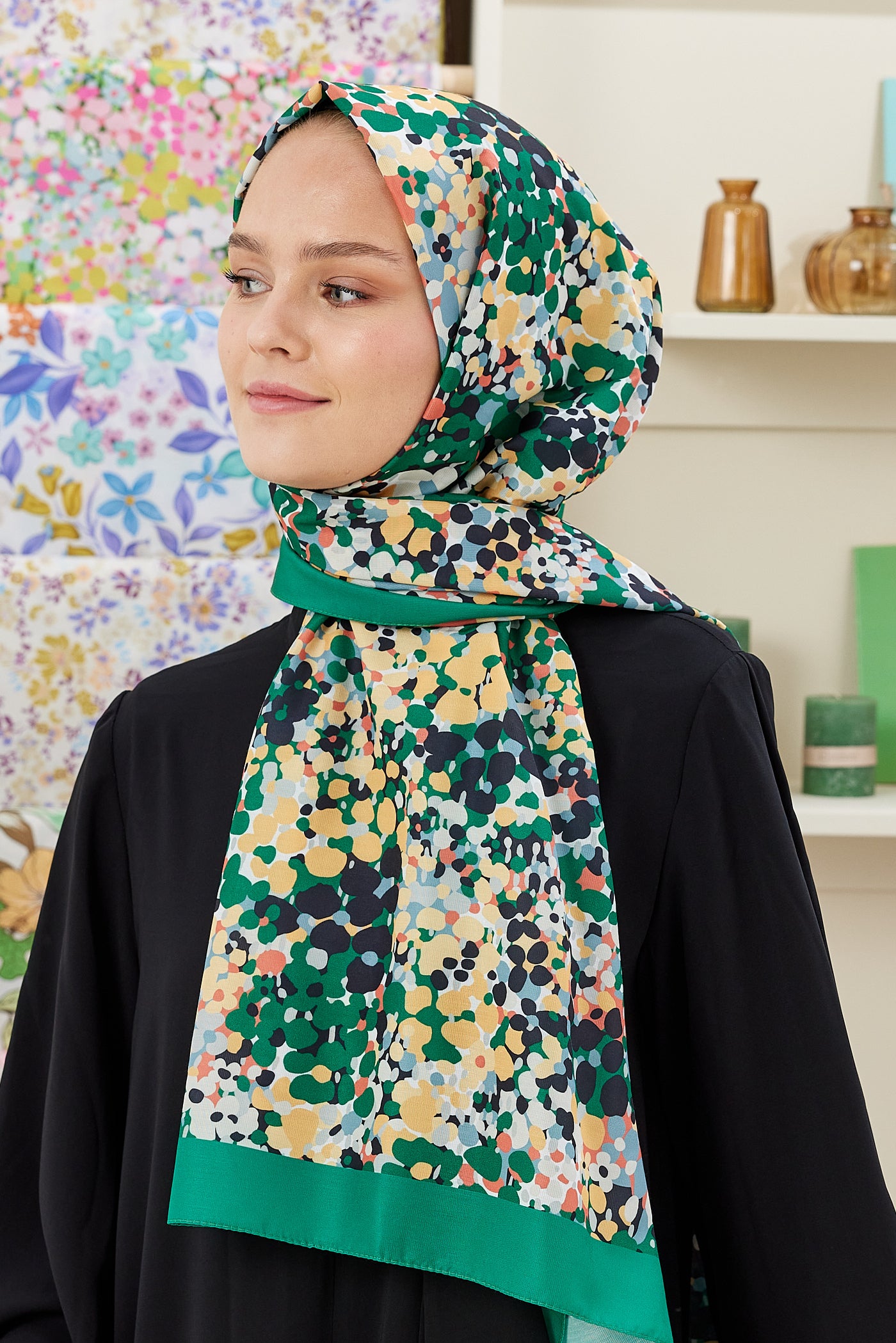 Tesettür Giyim - Pro Line Lavin Desen Şal - Yeşil - Sarı - Emproyal
