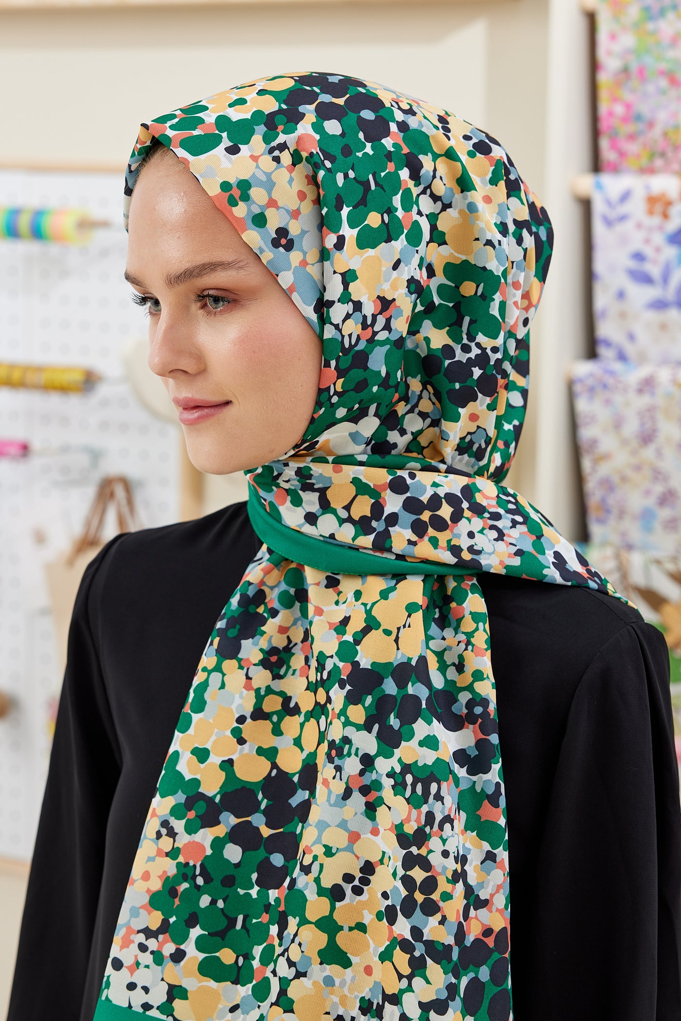 Tesettür Giyim - Pro Line Lavin Desen Şal - Yeşil - Sarı - Emproyal