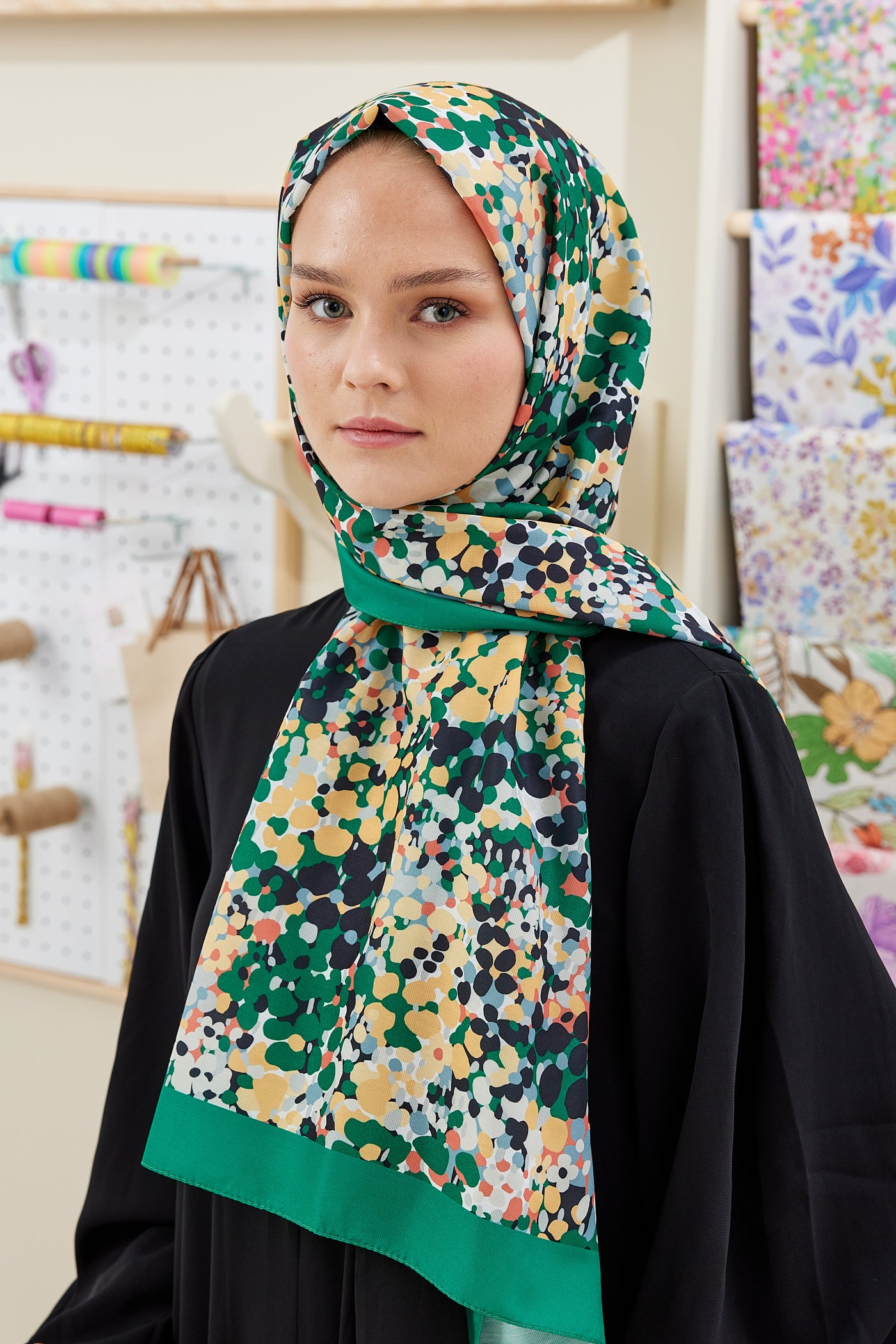 Tesettür Giyim - Pro Line Lavin Desen Şal - Yeşil - Sarı - Emproyal