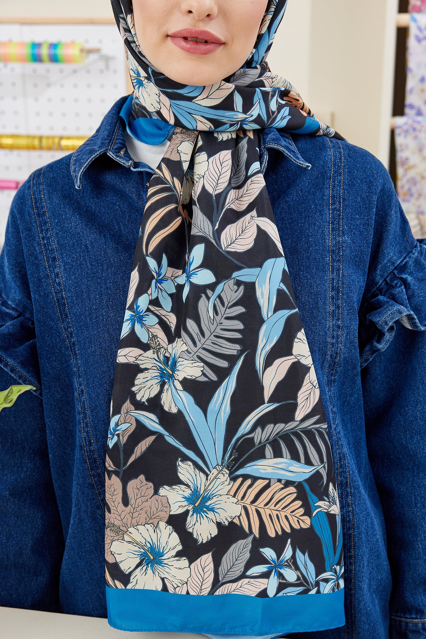 Tesettür Giyim - Pro Line Viola Desen Şal - Lacivert - Emproyal