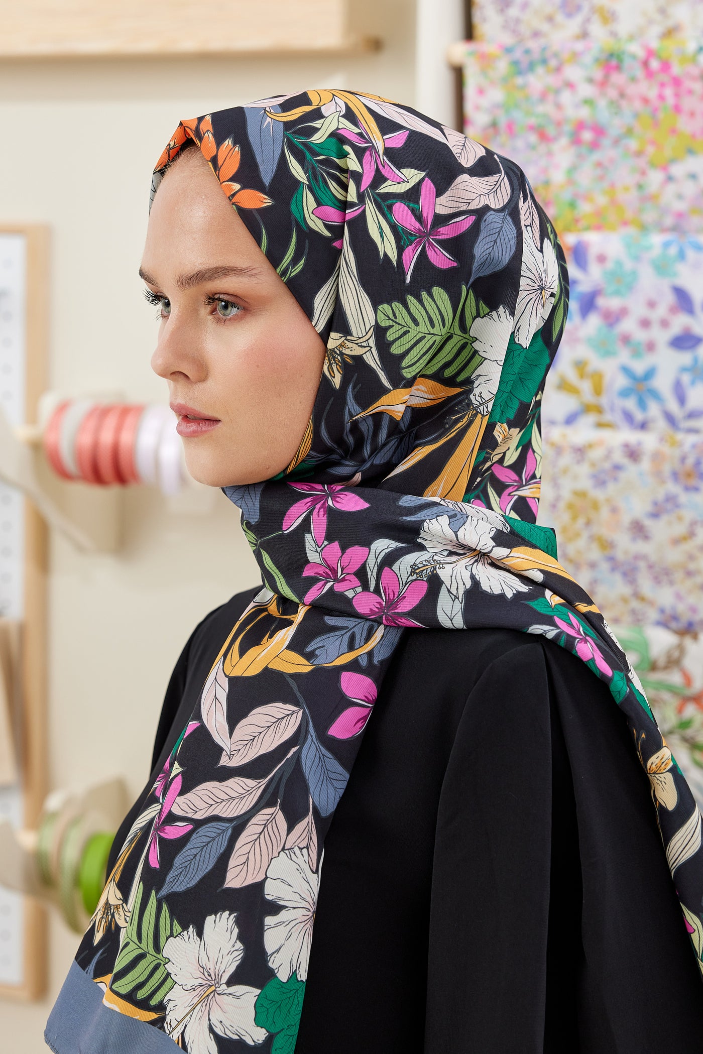 Tesettür Giyim - Pro Line Viola Desen Şal - Füme - Emproyal