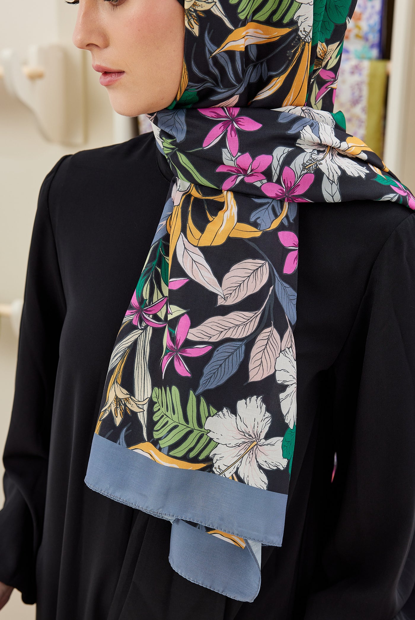 Tesettür Giyim - Pro Line Viola Desen Şal - Füme - Emproyal