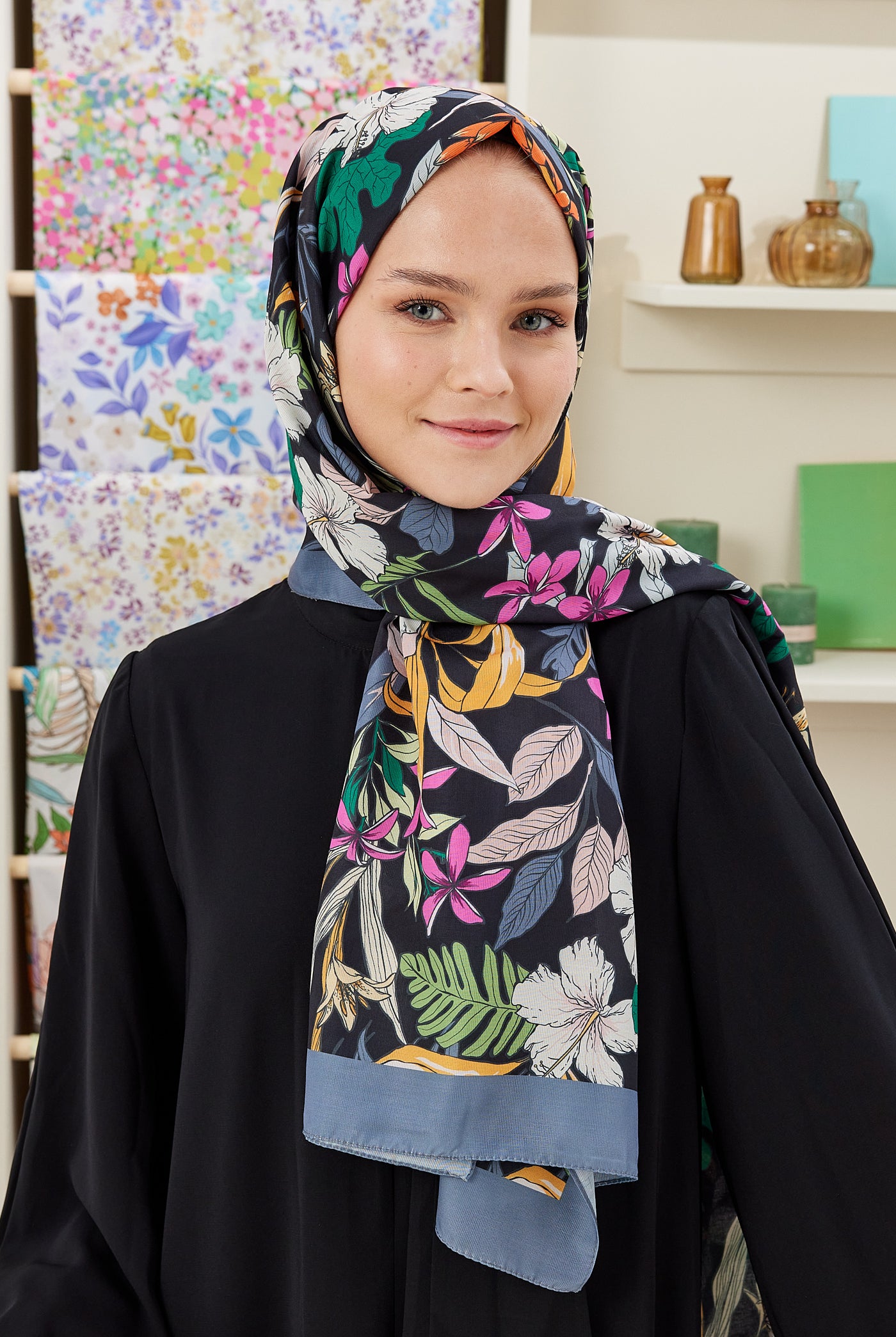 Tesettür Giyim - Pro Line Viola Desen Şal - Füme - Emproyal