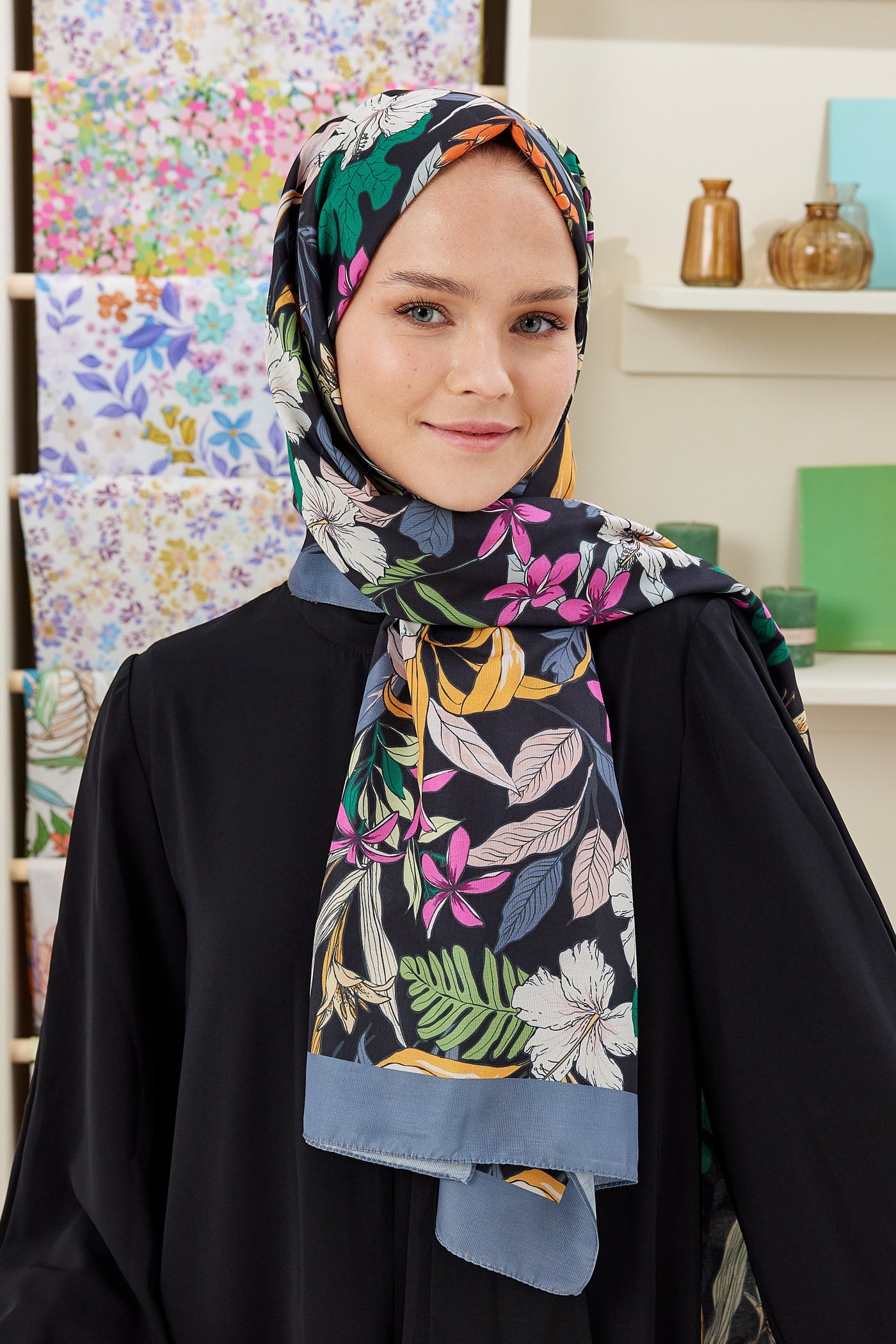 Tesettür Giyim - Pro Line Viola Desen Şal - Füme - Emproyal