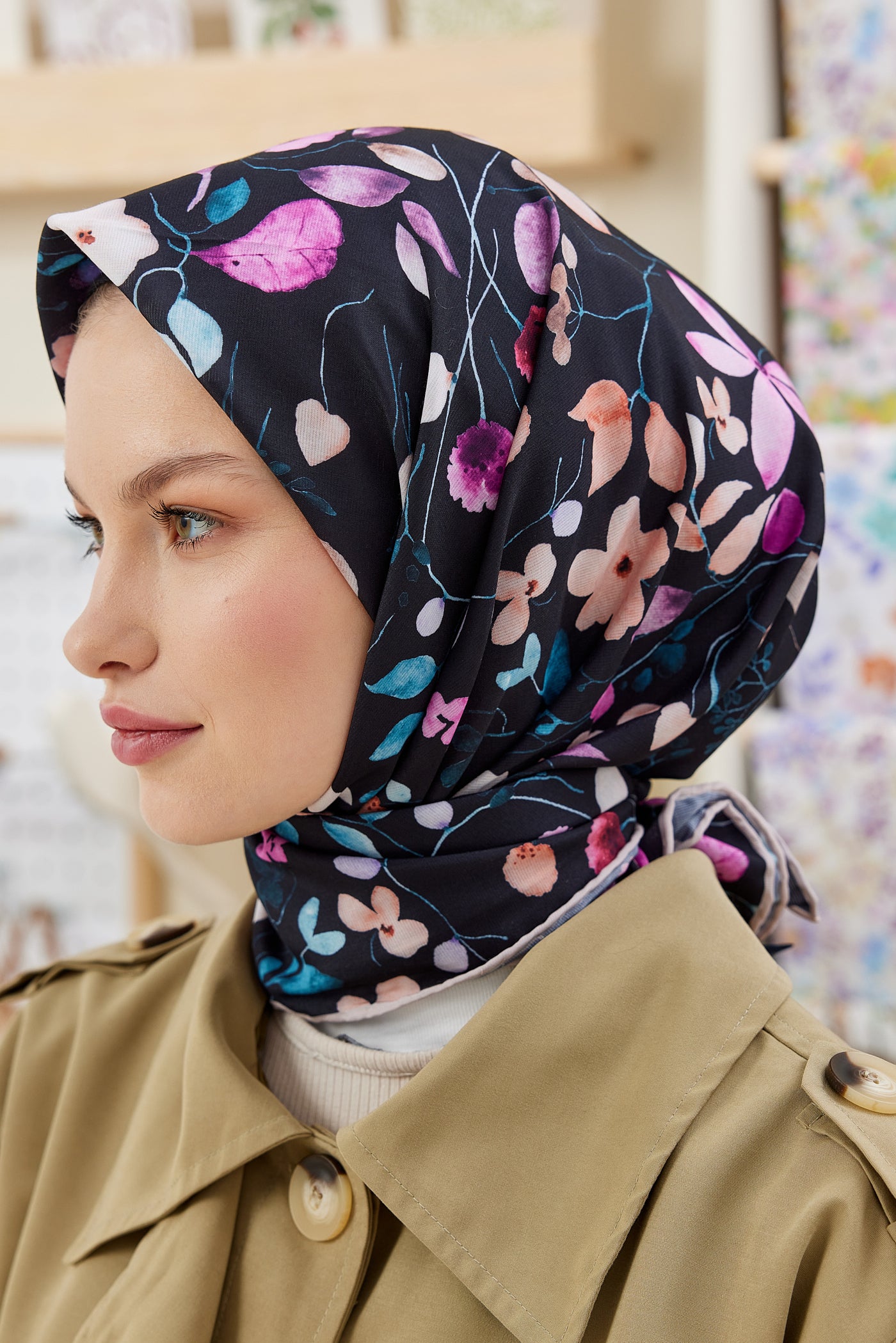 Tesettür Giyim - Pro Line Mimosa Desen Eşarp - Fuşya - Siyah - Emproyal