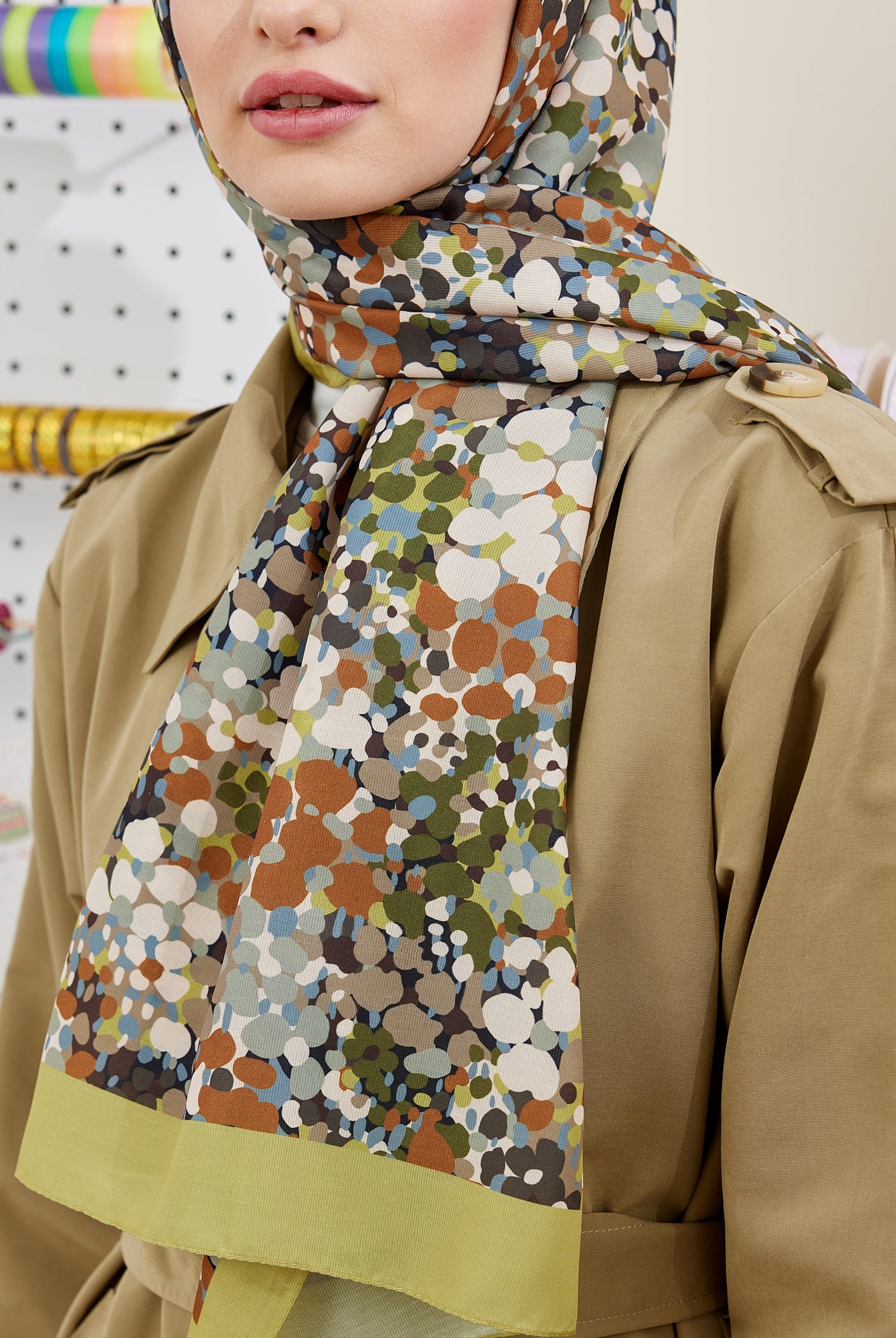 Tesettür Giyim - Pro Line Lavin Desen Şal - Yağ Yeşili - Emproyal