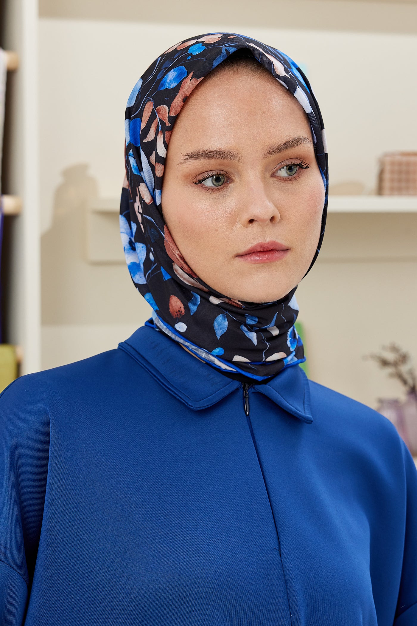 Tesettür Giyim - Pro Line Mimosa Desen Eşarp - Siyah - Saks - Emproyal