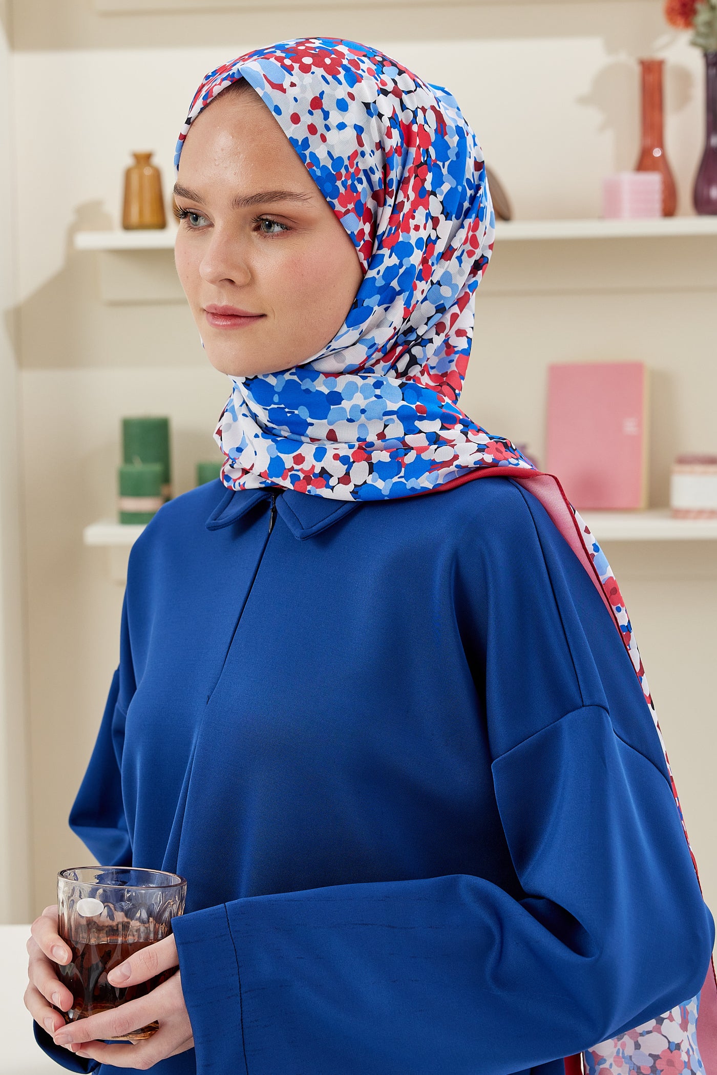 Tesettür Giyim - Pro Line Lavin Desen Şal - Kırmızı - İndigo - Emproyal