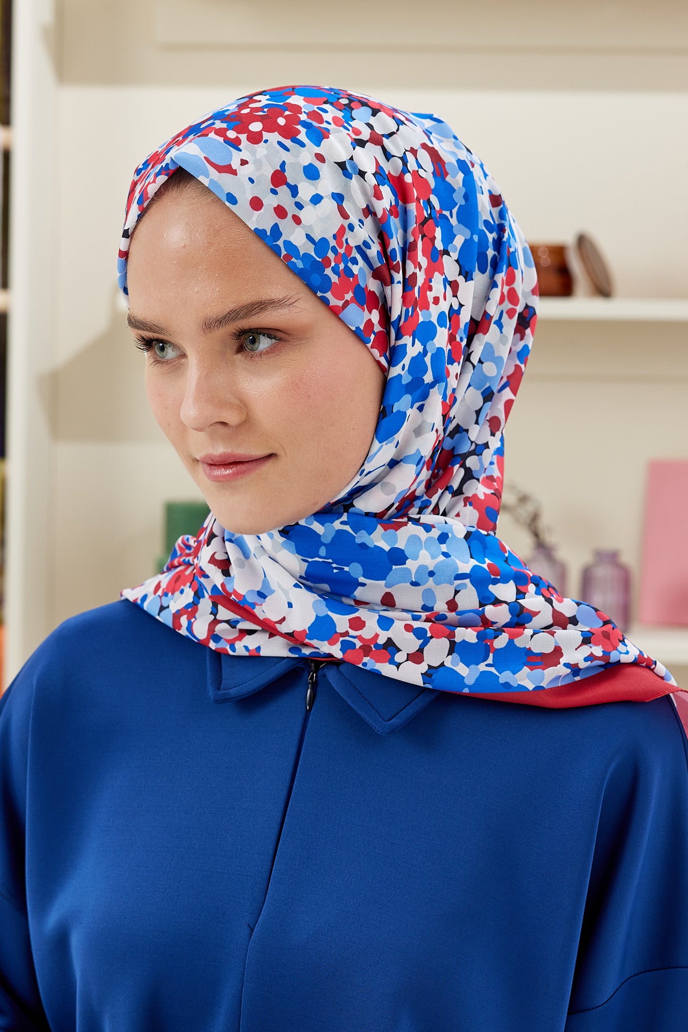 Tesettür Giyim - Pro Line Lavin Desen Şal - Kırmızı - İndigo - Emproyal